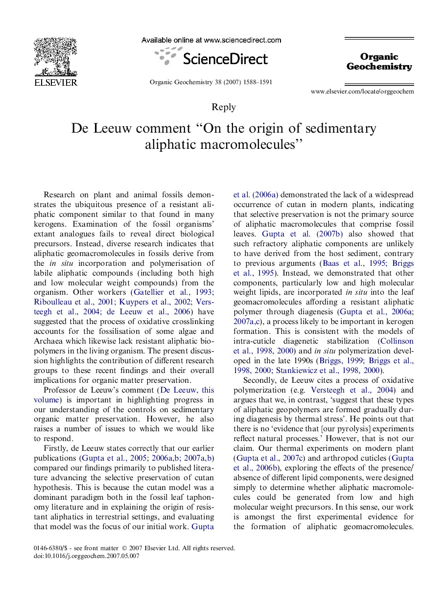 De Leeuw comment “On the origin of sedimentary aliphatic macromolecules”