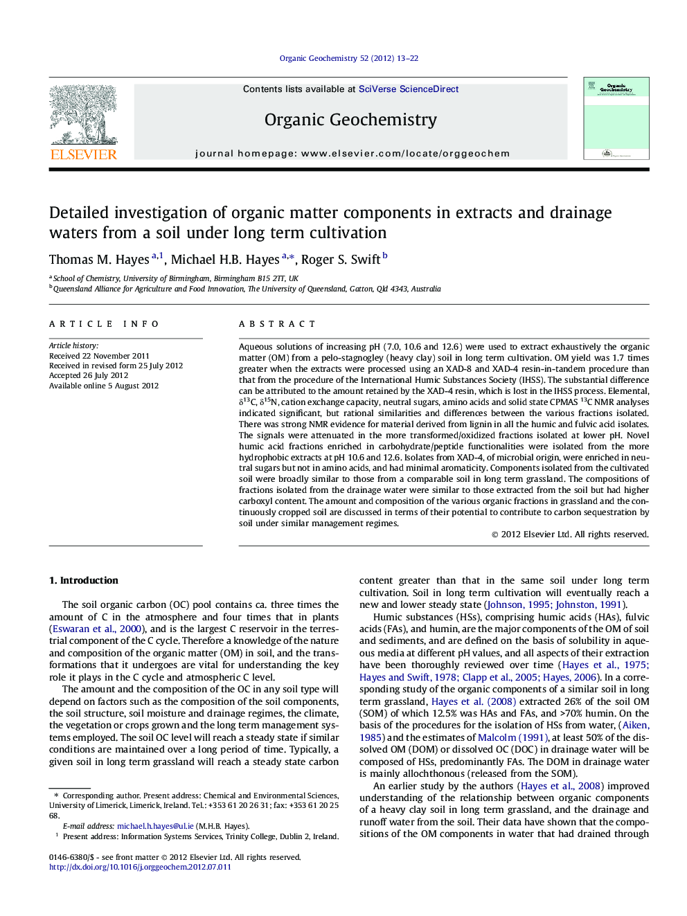 Detailed investigation of organic matter components in extracts and drainage waters from a soil under long term cultivation