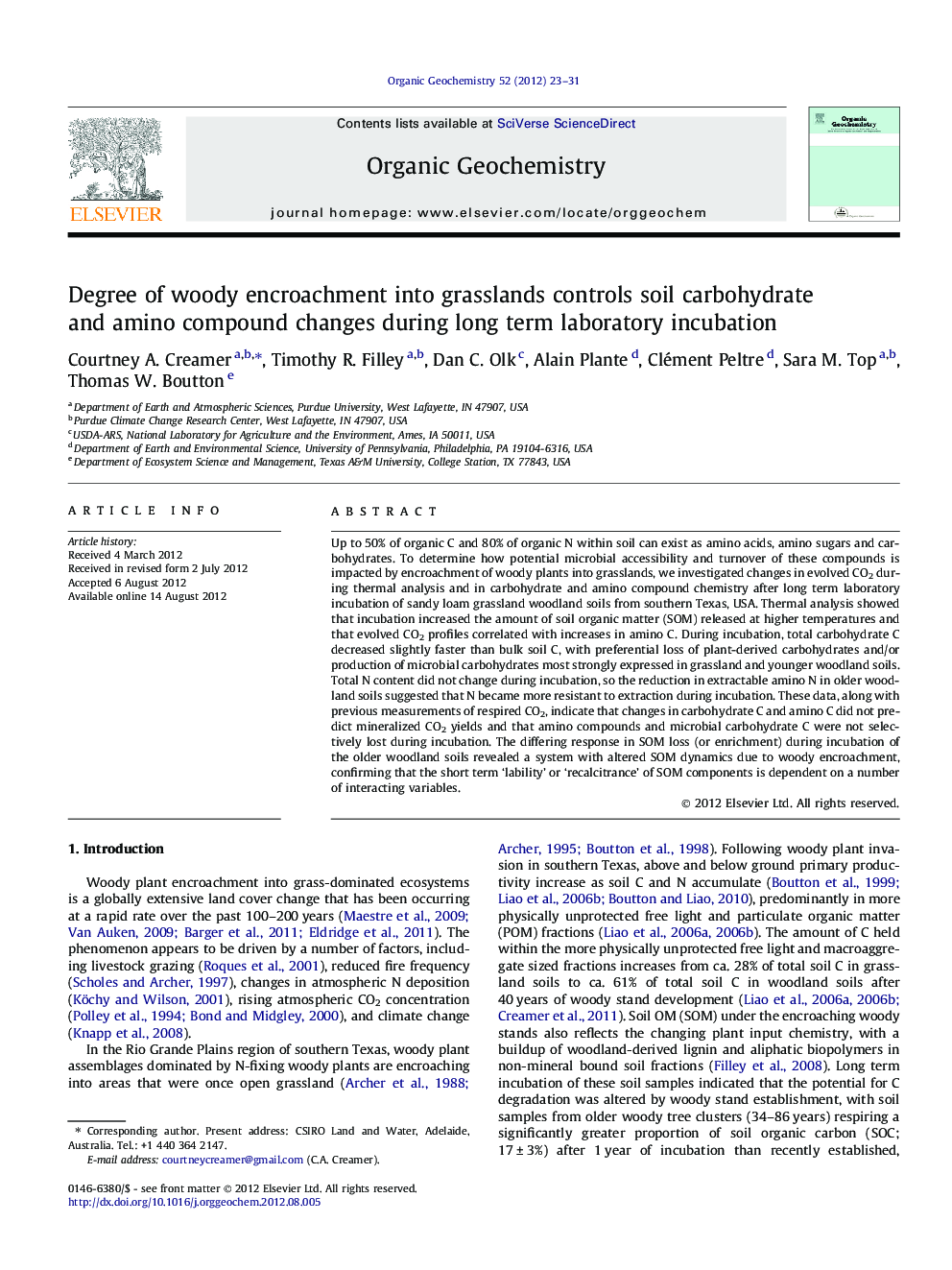 Degree of woody encroachment into grasslands controls soil carbohydrate and amino compound changes during long term laboratory incubation