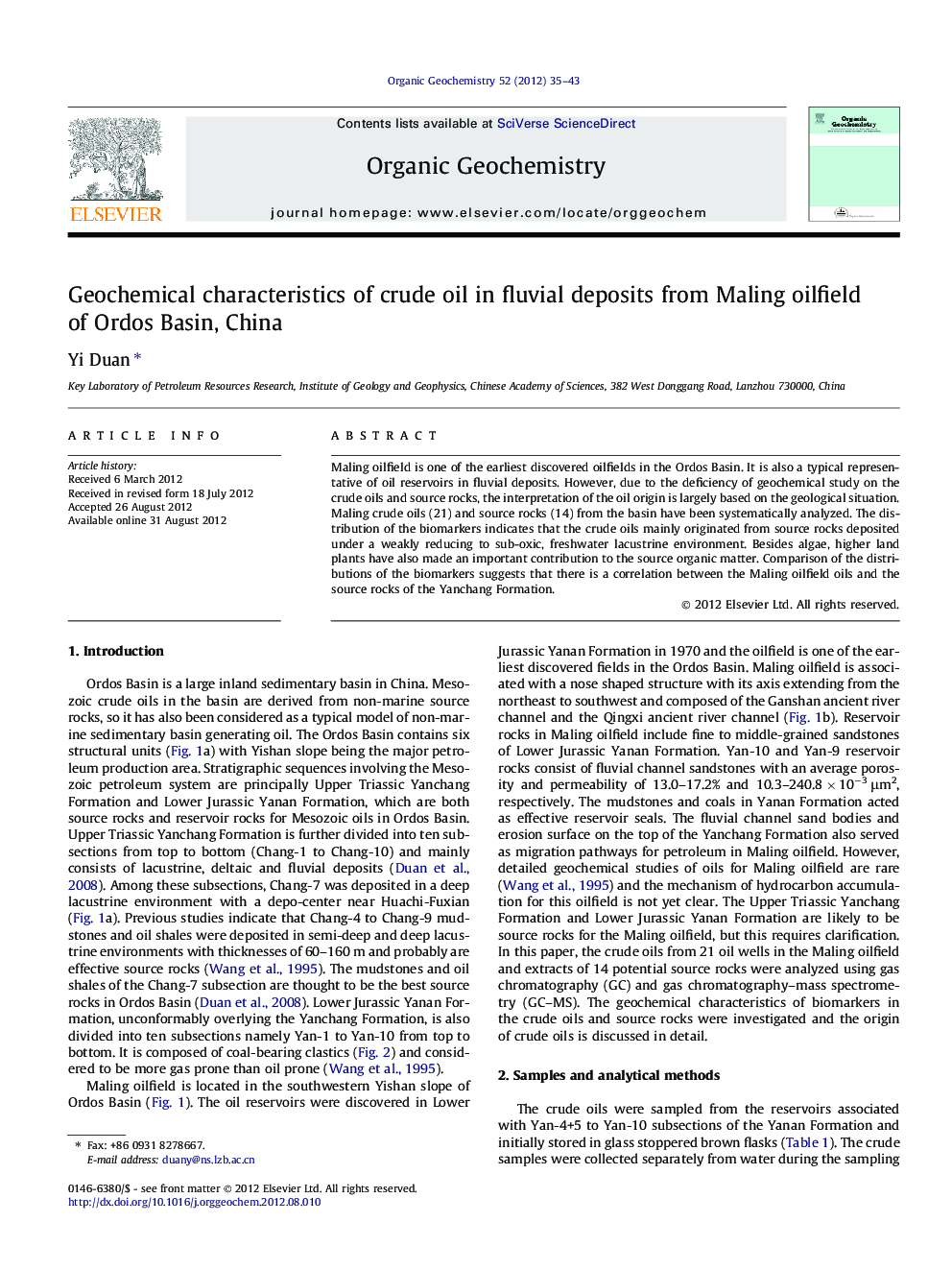 Geochemical characteristics of crude oil in fluvial deposits from Maling oilfield of Ordos Basin, China