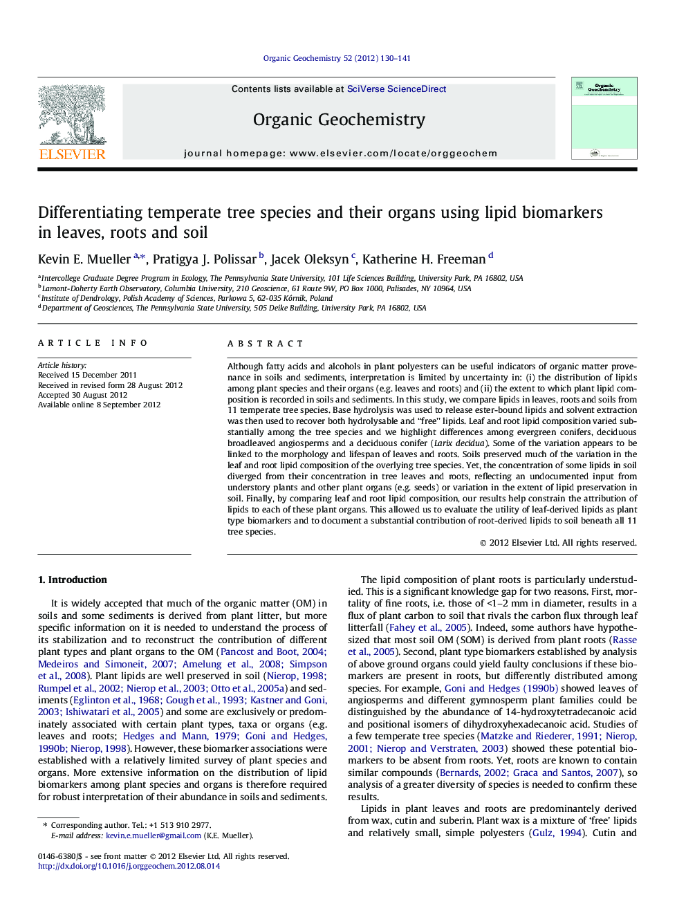 Differentiating temperate tree species and their organs using lipid biomarkers in leaves, roots and soil