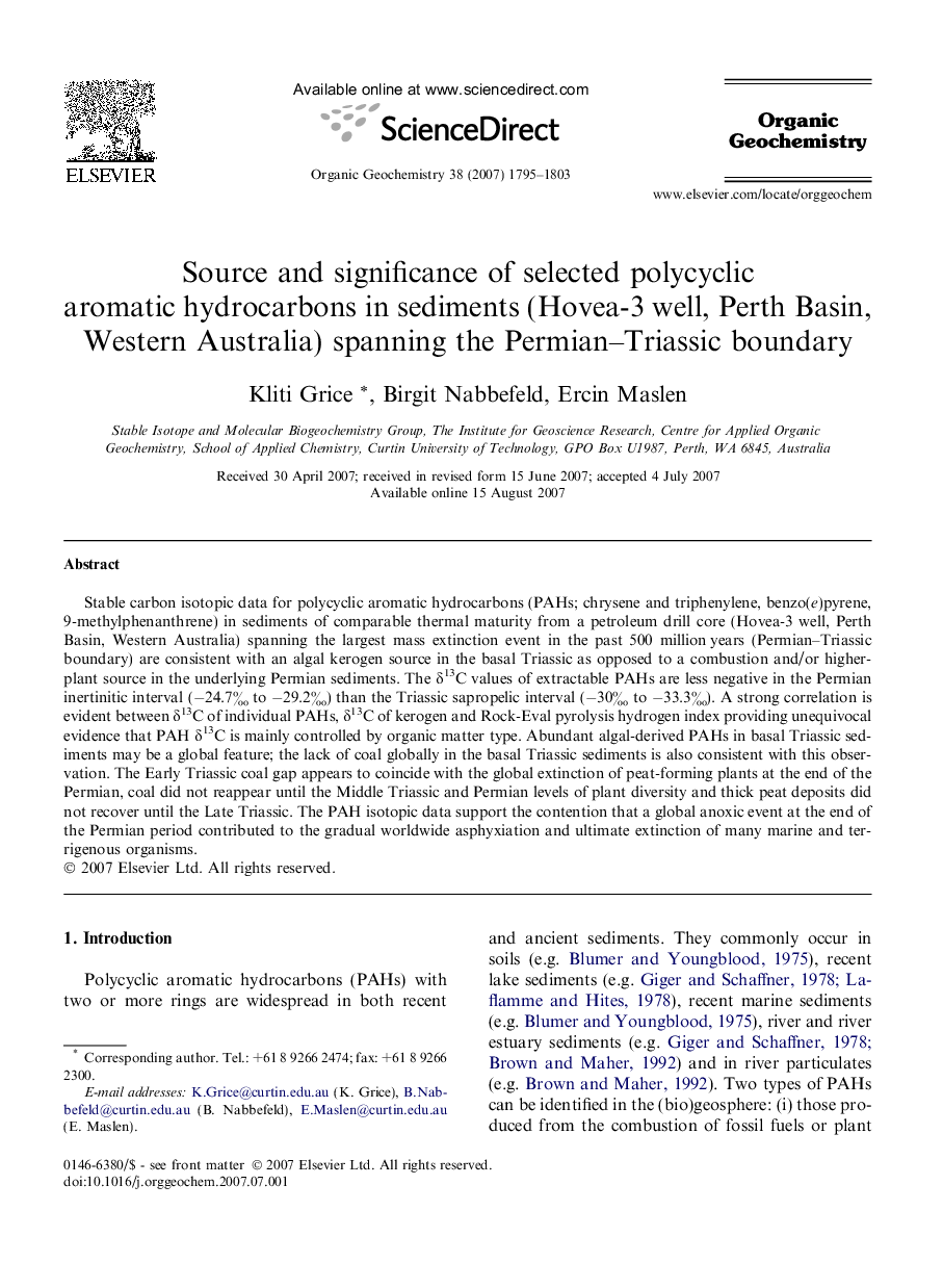 Source and significance of selected polycyclic aromatic hydrocarbons in sediments (Hovea-3 well, Perth Basin, Western Australia) spanning the Permian-Triassic boundary