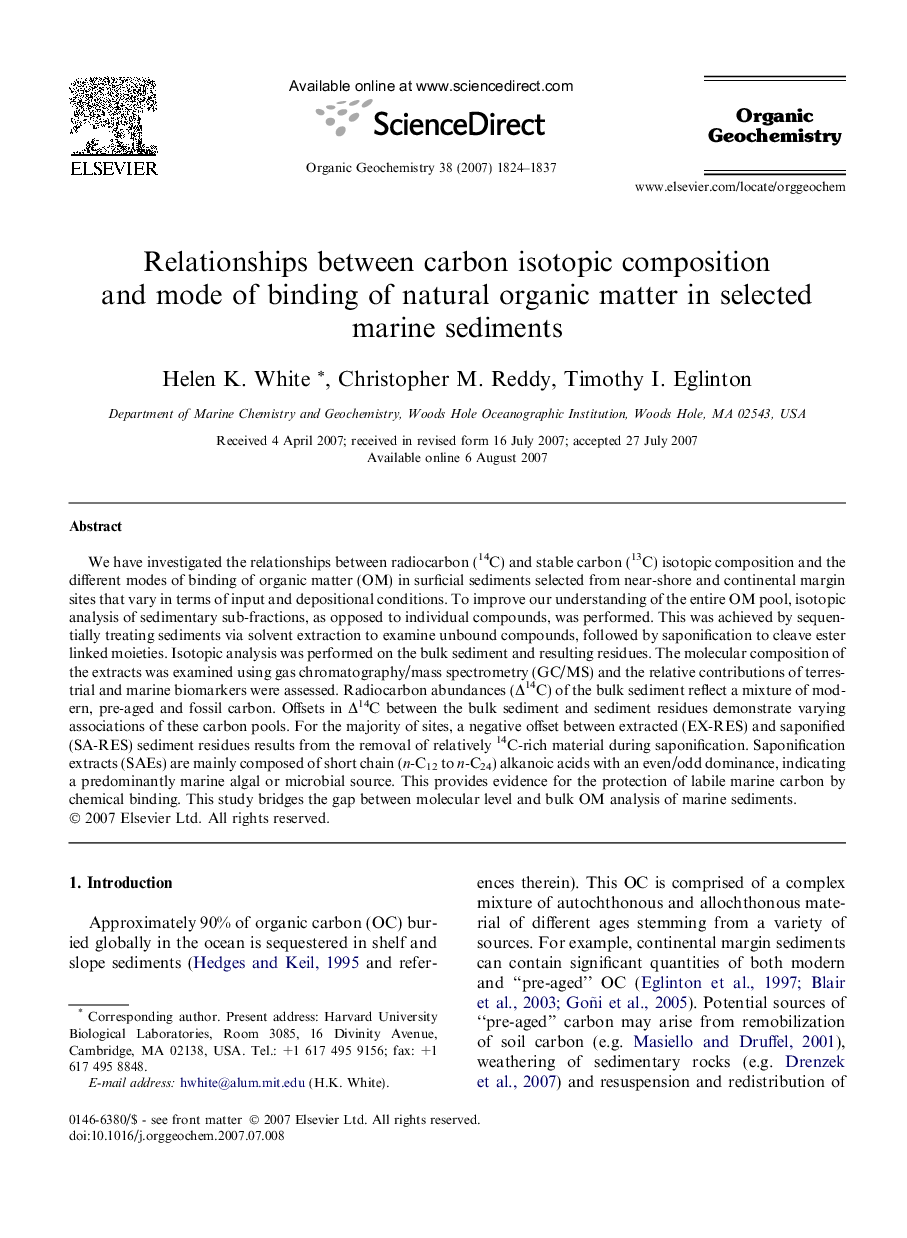 Relationships between carbon isotopic composition and mode of binding of natural organic matter in selected marine sediments
