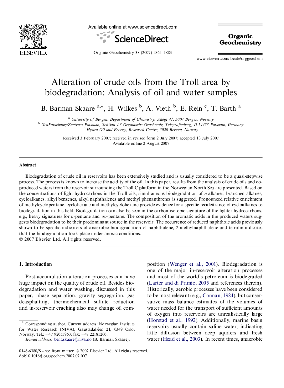 Alteration of crude oils from the Troll area by biodegradation: Analysis of oil and water samples