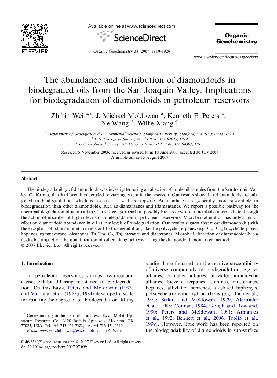The abundance and distribution of diamondoids in biodegraded oils from the San Joaquin Valley: Implications for biodegradation of diamondoids in petroleum reservoirs