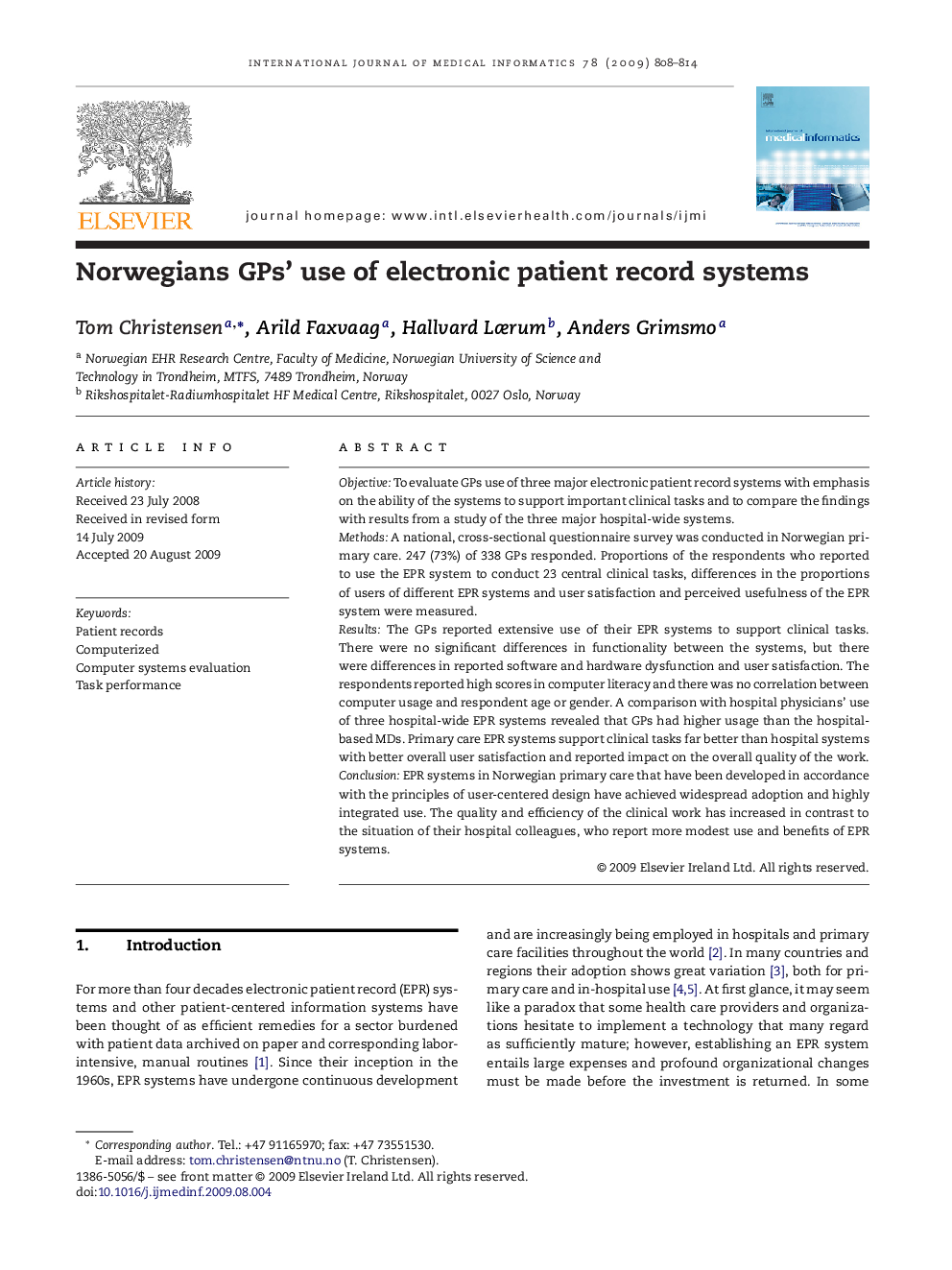 Norwegians GPs’ use of electronic patient record systems