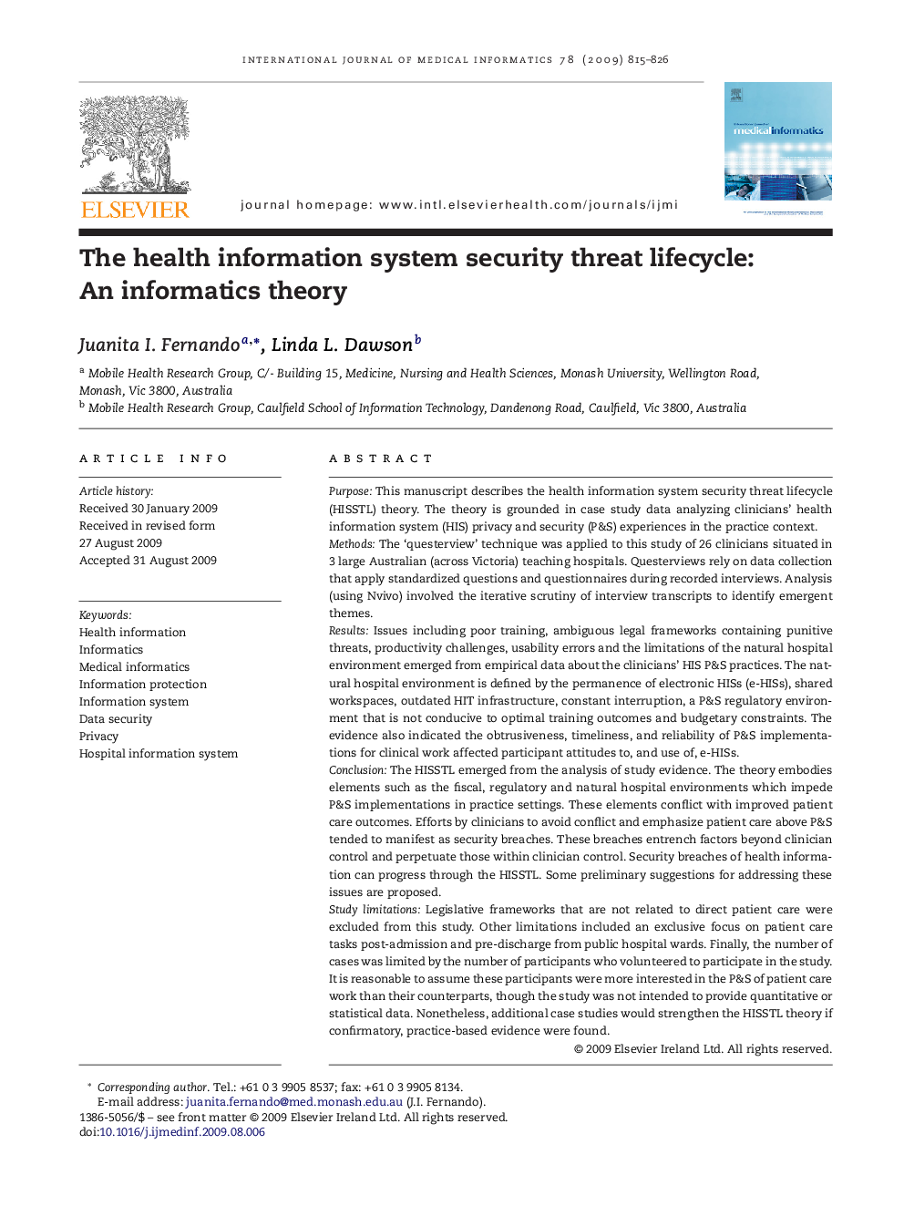 The health information system security threat lifecycle: An informatics theory