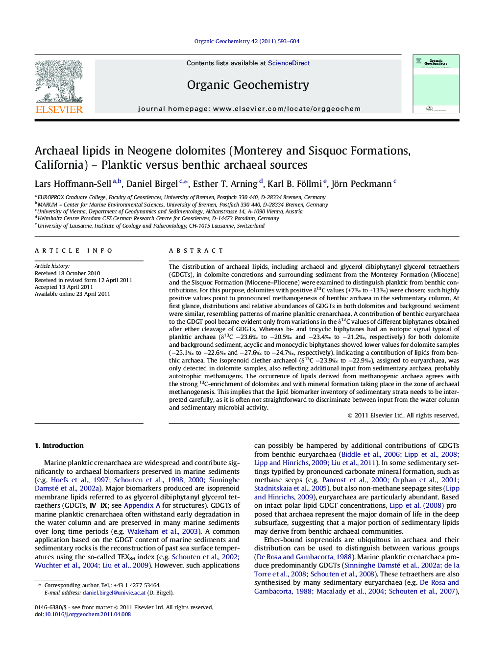 عکس صفحه اول مقاله: Archaeal lipids in Neogene dolomites (Monterey and Sisquoc Formations, California) - Planktic versus benthic archaeal sources Archaeal lipids in Neogene dolomites (Monterey and Sisquoc Formations, California) - Planktic versus benthic archaeal sources