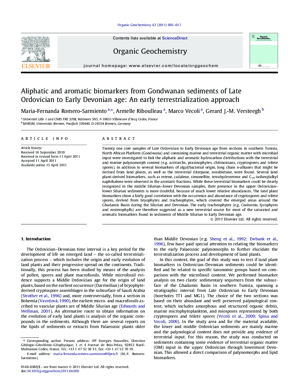 عکس صفحه اول مقاله: Aliphatic and aromatic biomarkers from Gondwanan sediments of Late Ordovician to Early Devonian age: An early terrestrialization approach Aliphatic and aromatic biomarkers from Gondwanan sediments of Late Ordovician to Early Devonian age: An early terrestrialization approach