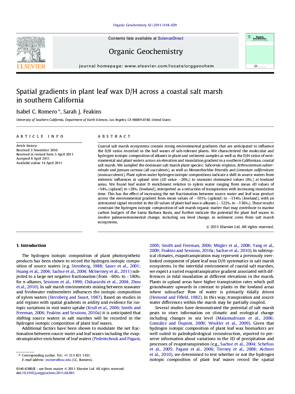 عکس صفحه اول مقاله: Spatial gradients in plant leaf wax D/H across a coastal salt marsh in southern California Spatial gradients in plant leaf wax D/H across a coastal salt marsh in southern California