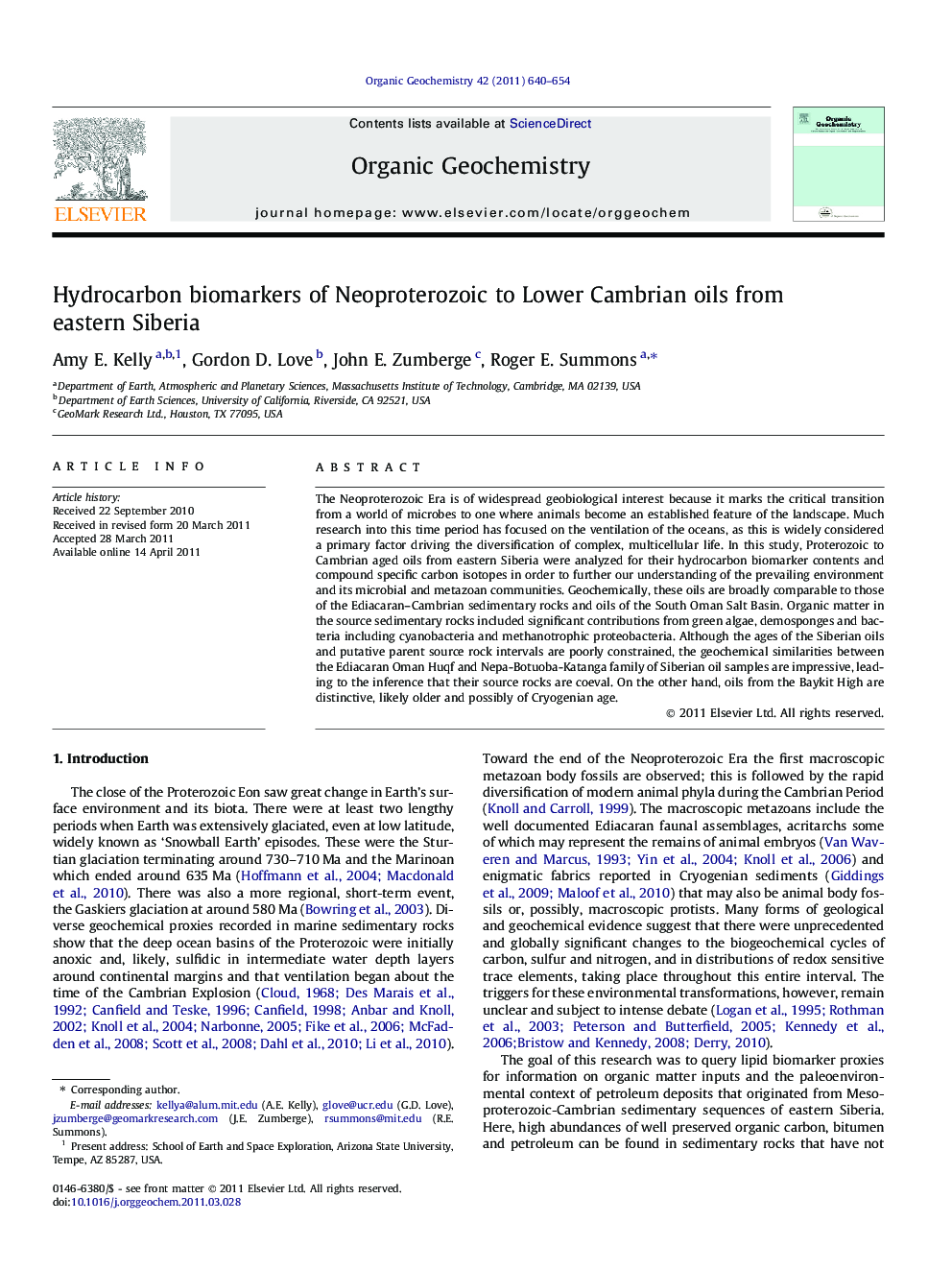 عکس صفحه اول مقاله: Hydrocarbon biomarkers of Neoproterozoic to Lower Cambrian oils from eastern Siberia Hydrocarbon biomarkers of Neoproterozoic to Lower Cambrian oils from eastern Siberia