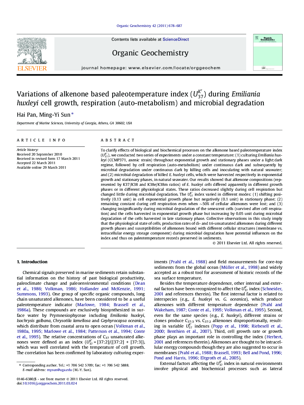 عکس صفحه اول مقاله: Variations of alkenone based paleotemperature index (U37Kâ²) during Emiliania huxleyi cell growth, respiration (auto-metabolism) and microbial degradation Variations of alkenone based paleotemperature index (U37Kâ²) during Emiliania huxleyi cell growth, respiration (auto-metabolism) and microbial degradation
