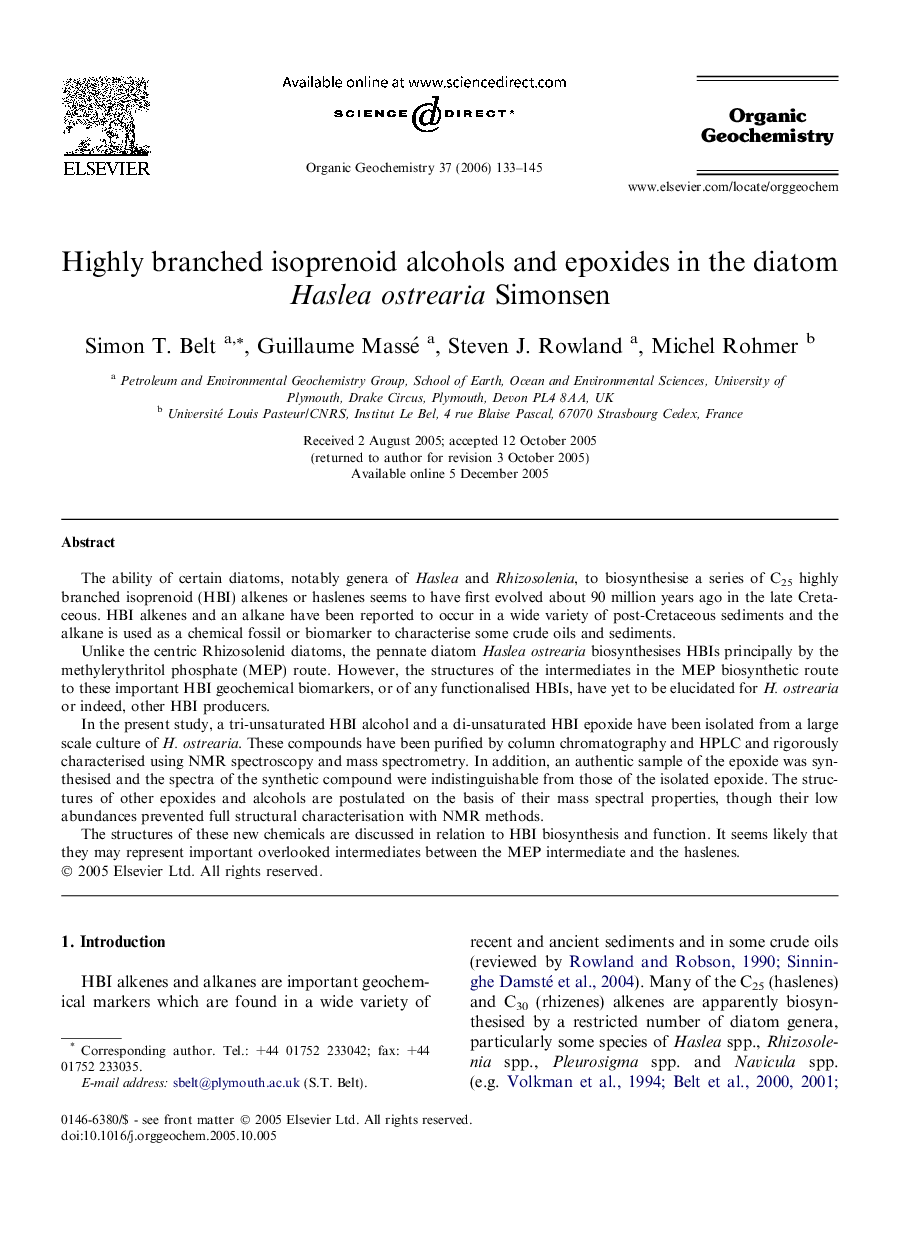 Highly branched isoprenoid alcohols and epoxides in the diatom Haslea ostrearia Simonsen