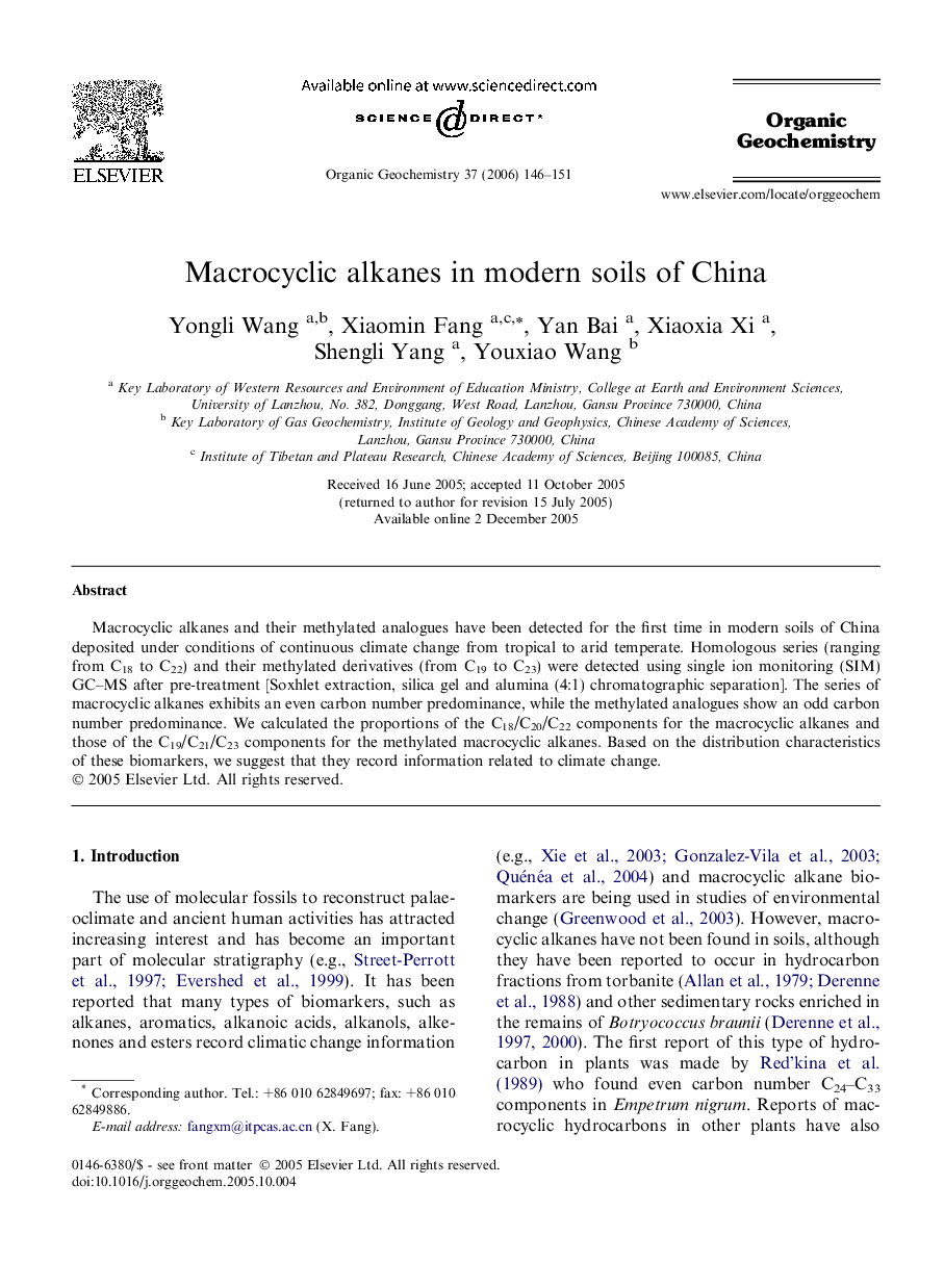 Macrocyclic alkanes in modern soils of China