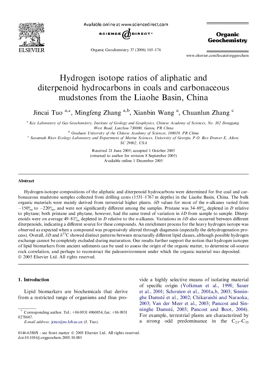 Hydrogen isotope ratios of aliphatic and diterpenoid hydrocarbons in coals and carbonaceous mudstones from the Liaohe Basin, China