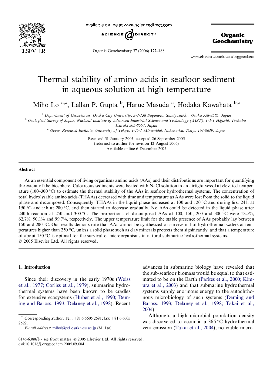 Thermal stability of amino acids in seafloor sediment in aqueous solution at high temperature