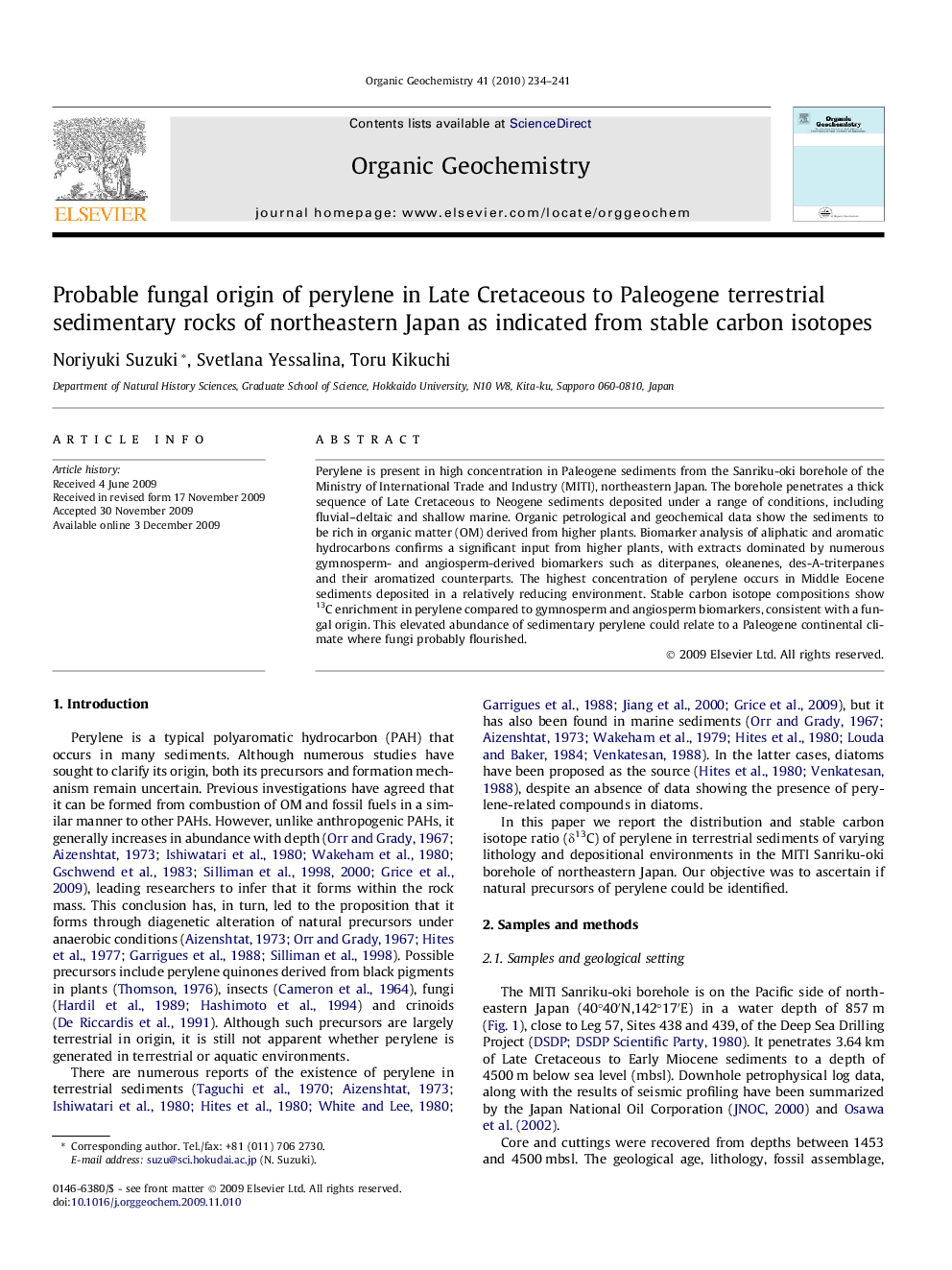 Probable fungal origin of perylene in Late Cretaceous to Paleogene terrestrial sedimentary rocks of northeastern Japan as indicated from stable carbon isotopes