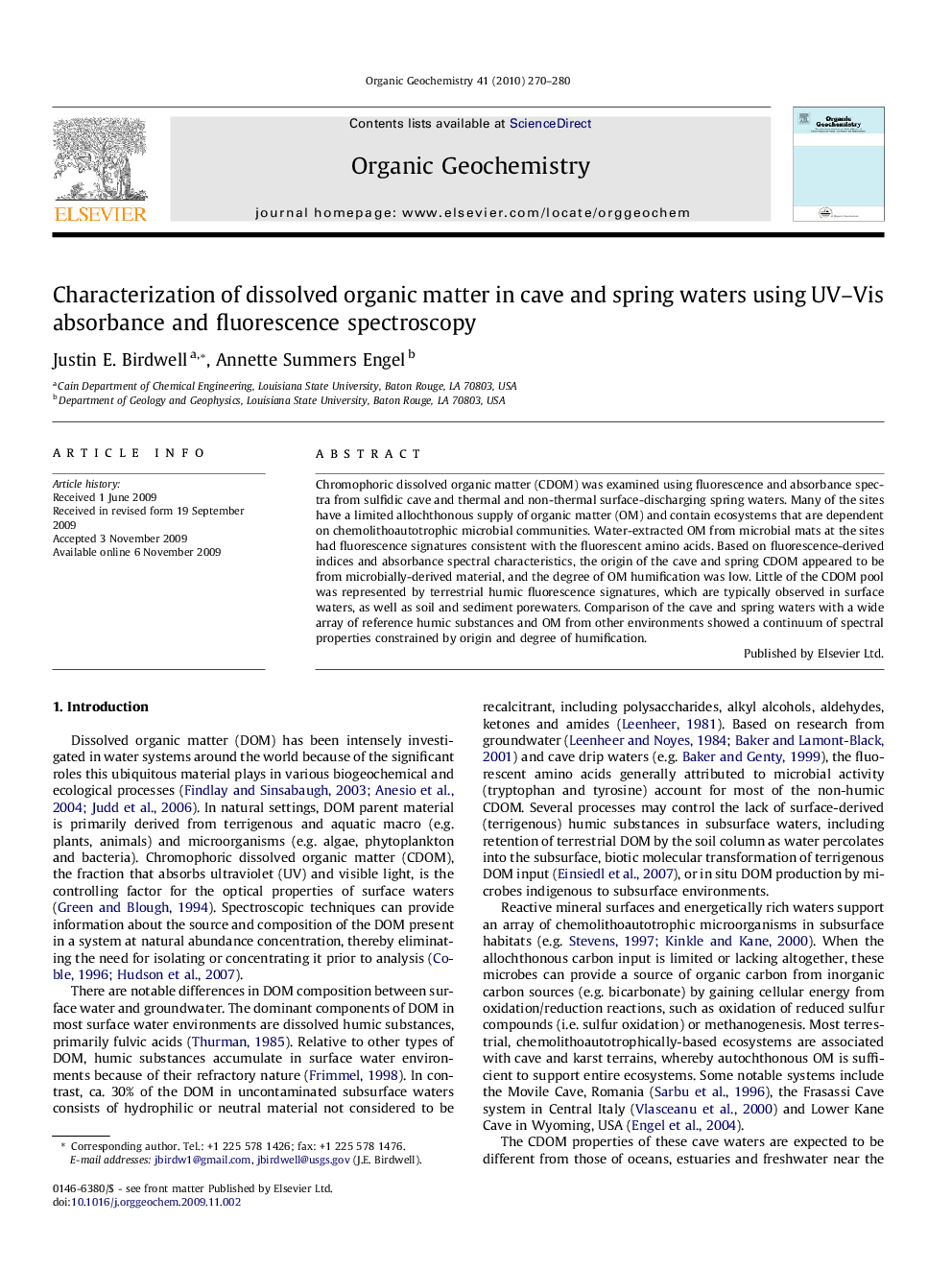 Characterization of dissolved organic matter in cave and spring waters using UV-Vis absorbance and fluorescence spectroscopy