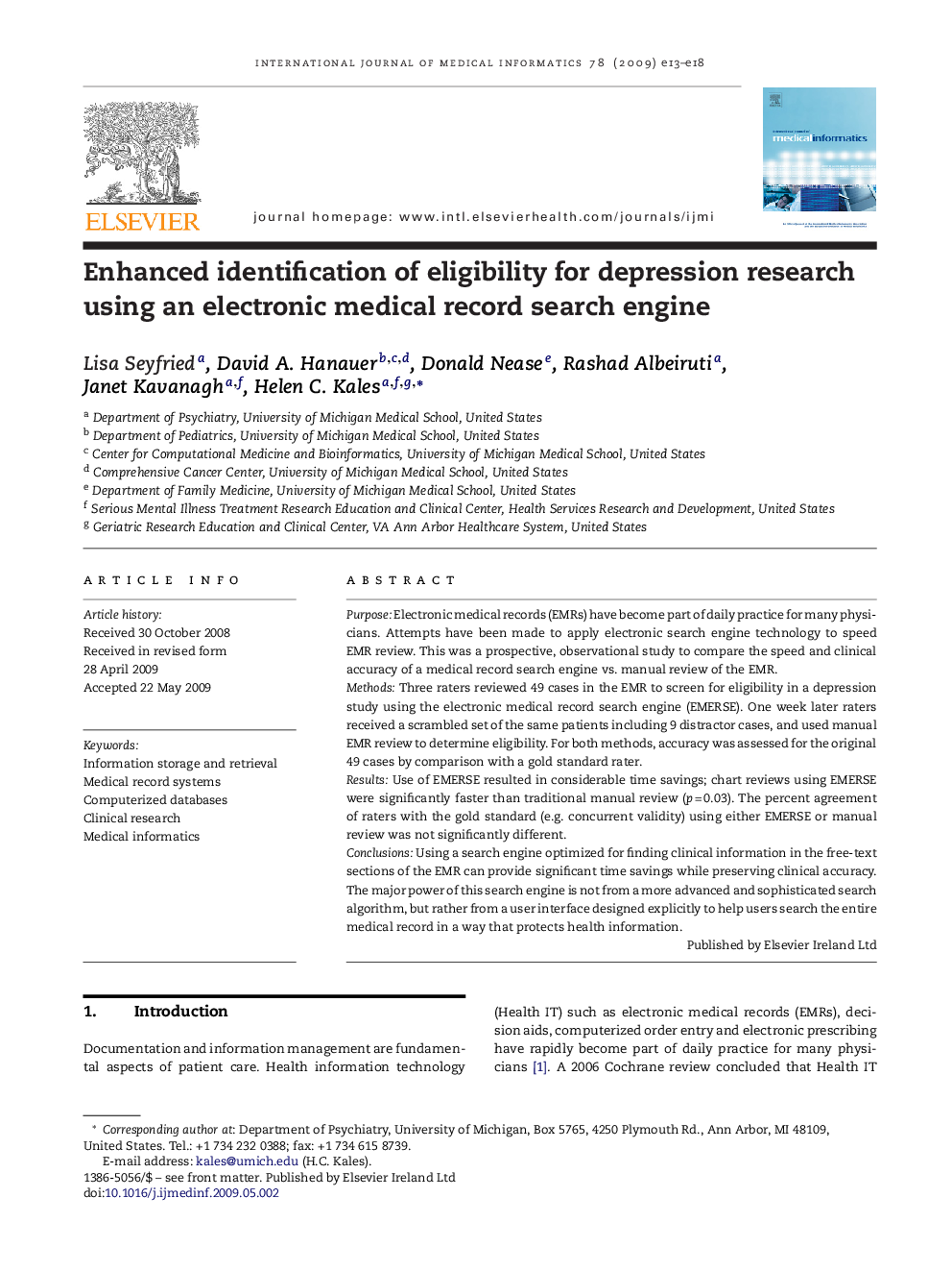 Enhanced identification of eligibility for depression research using an electronic medical record search engine