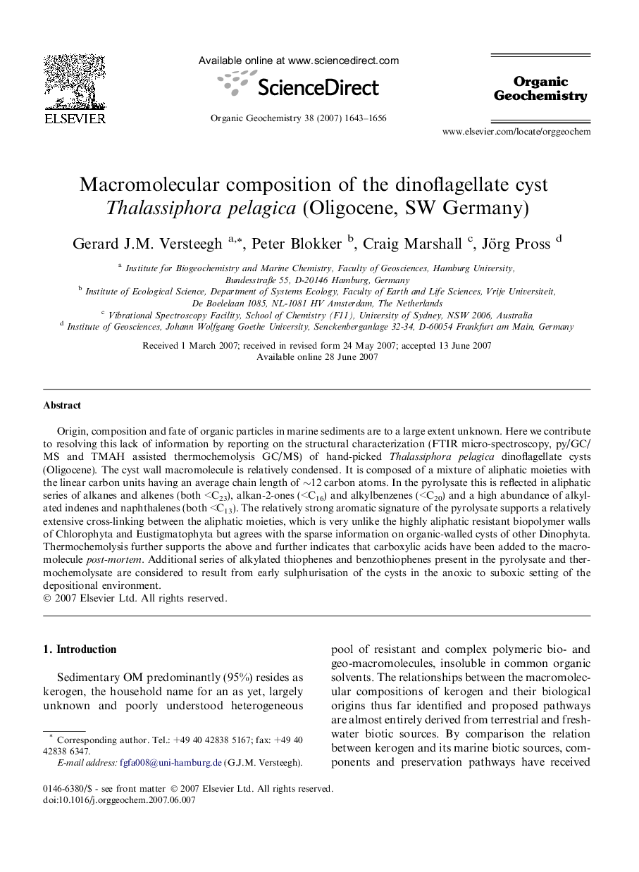 Macromolecular composition of the dinoflagellate cyst Thalassiphora pelagica (Oligocene, SW Germany)