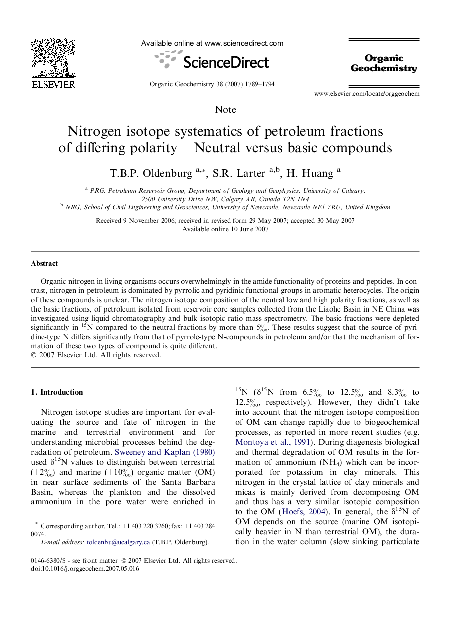 Nitrogen isotope systematics of petroleum fractions of differing polarity - Neutral versus basic compounds