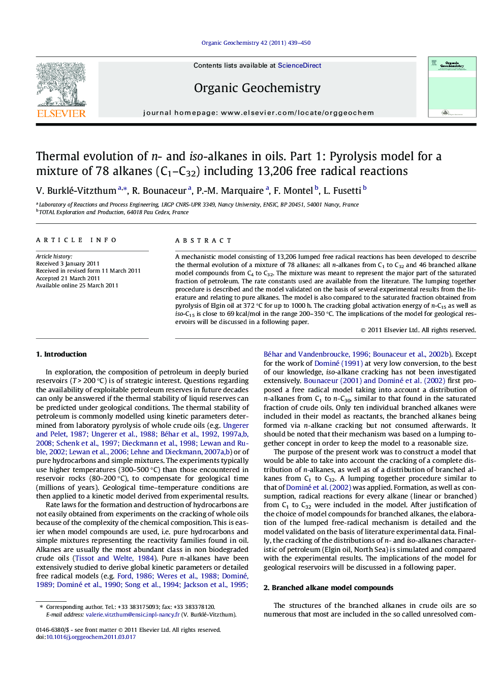 Thermal evolution of n- and iso-alkanes in oils. Part 1: Pyrolysis model for a mixture of 78 alkanes (C1-C32) including 13,206 free radical reactions