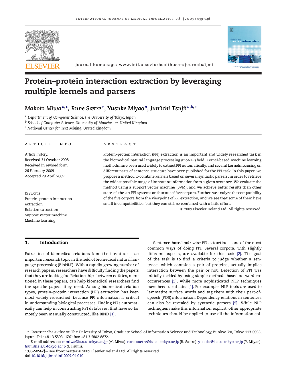 Protein–protein interaction extraction by leveraging multiple kernels and parsers