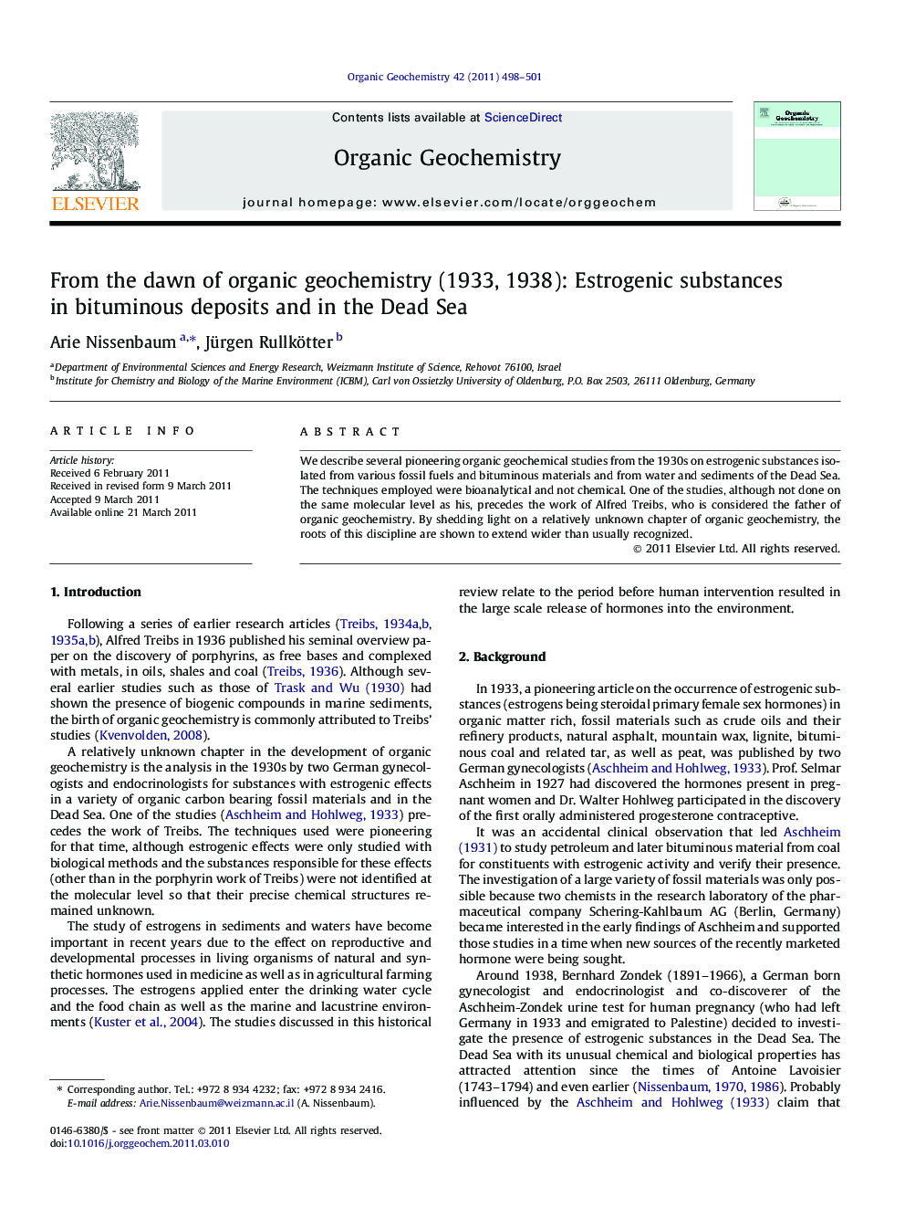 From the dawn of organic geochemistry (1933, 1938): Estrogenic substances in bituminous deposits and in the Dead Sea