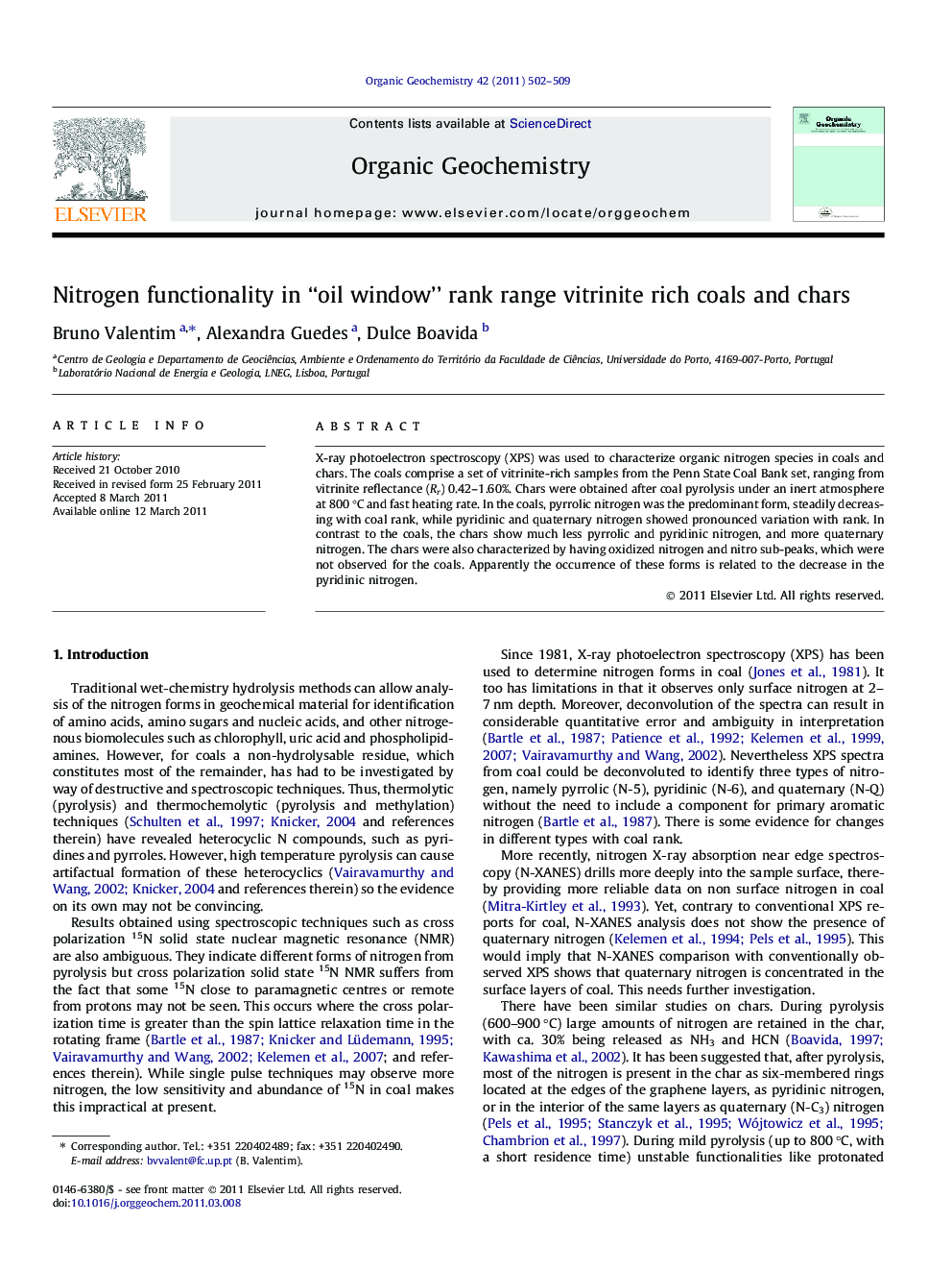 Nitrogen functionality in “oil window” rank range vitrinite rich coals and chars