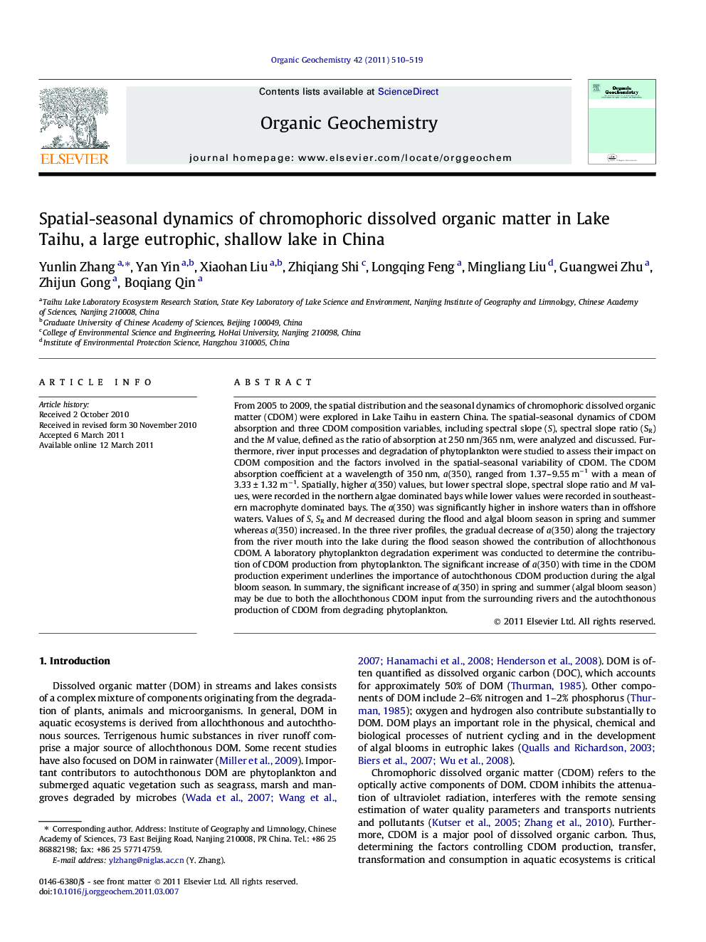 Spatial-seasonal dynamics of chromophoric dissolved organic matter in Lake Taihu, a large eutrophic, shallow lake in China