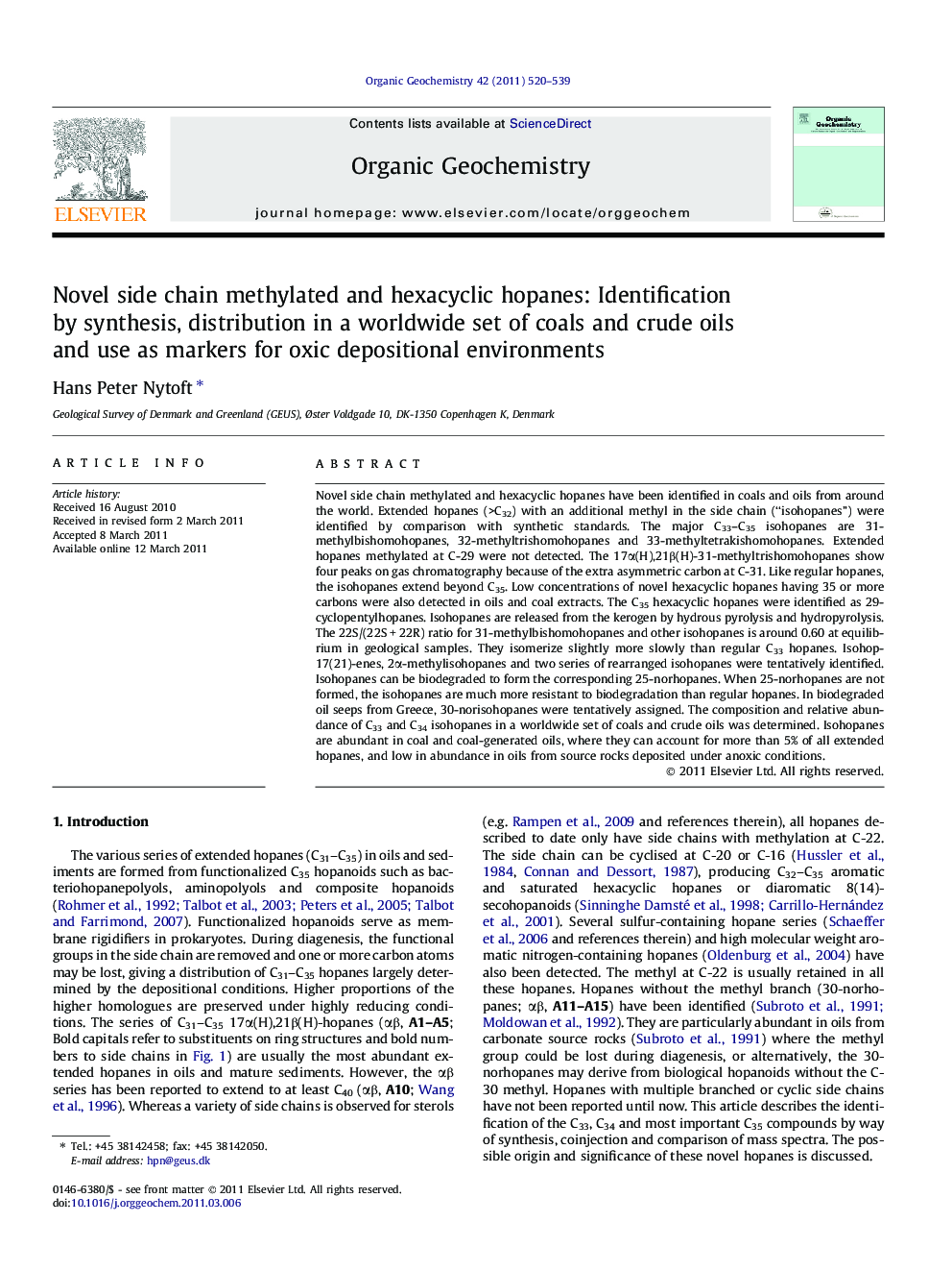 Novel side chain methylated and hexacyclic hopanes: Identification by synthesis, distribution in a worldwide set of coals and crude oils and use as markers for oxic depositional environments