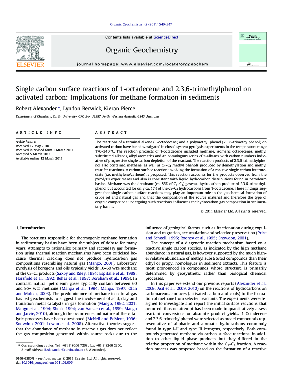 Single carbon surface reactions of 1-octadecene and 2,3,6-trimethylphenol on activated carbon: Implications for methane formation in sediments