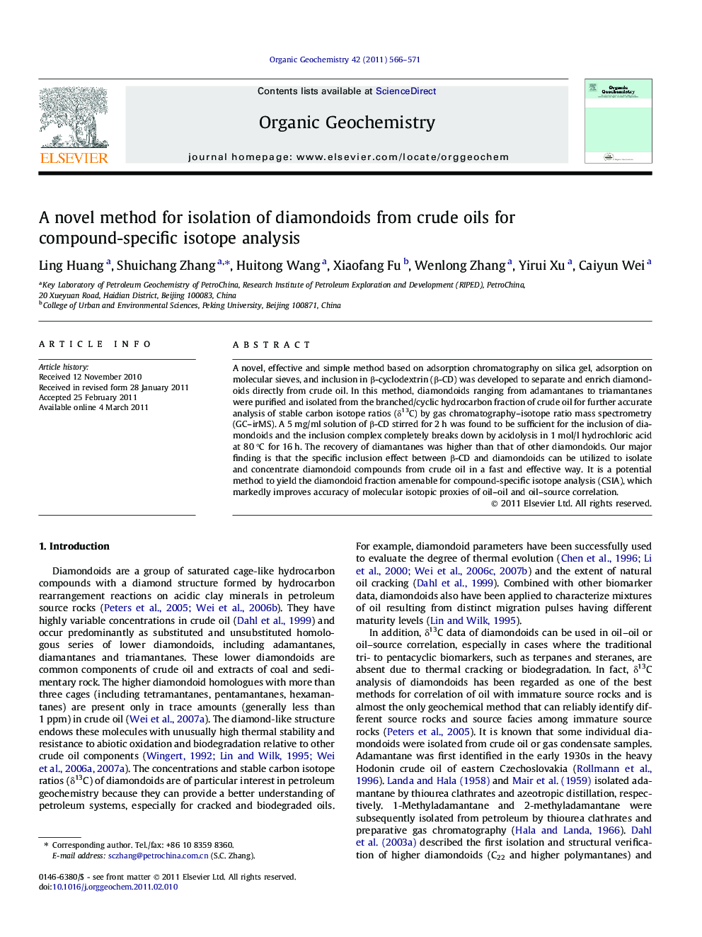 A novel method for isolation of diamondoids from crude oils for compound-specific isotope analysis