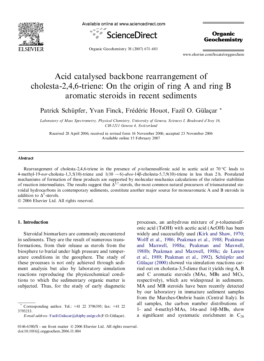 Acid catalysed backbone rearrangement of cholesta-2,4,6-triene: On the origin of ring A and ring B aromatic steroids in recent sediments