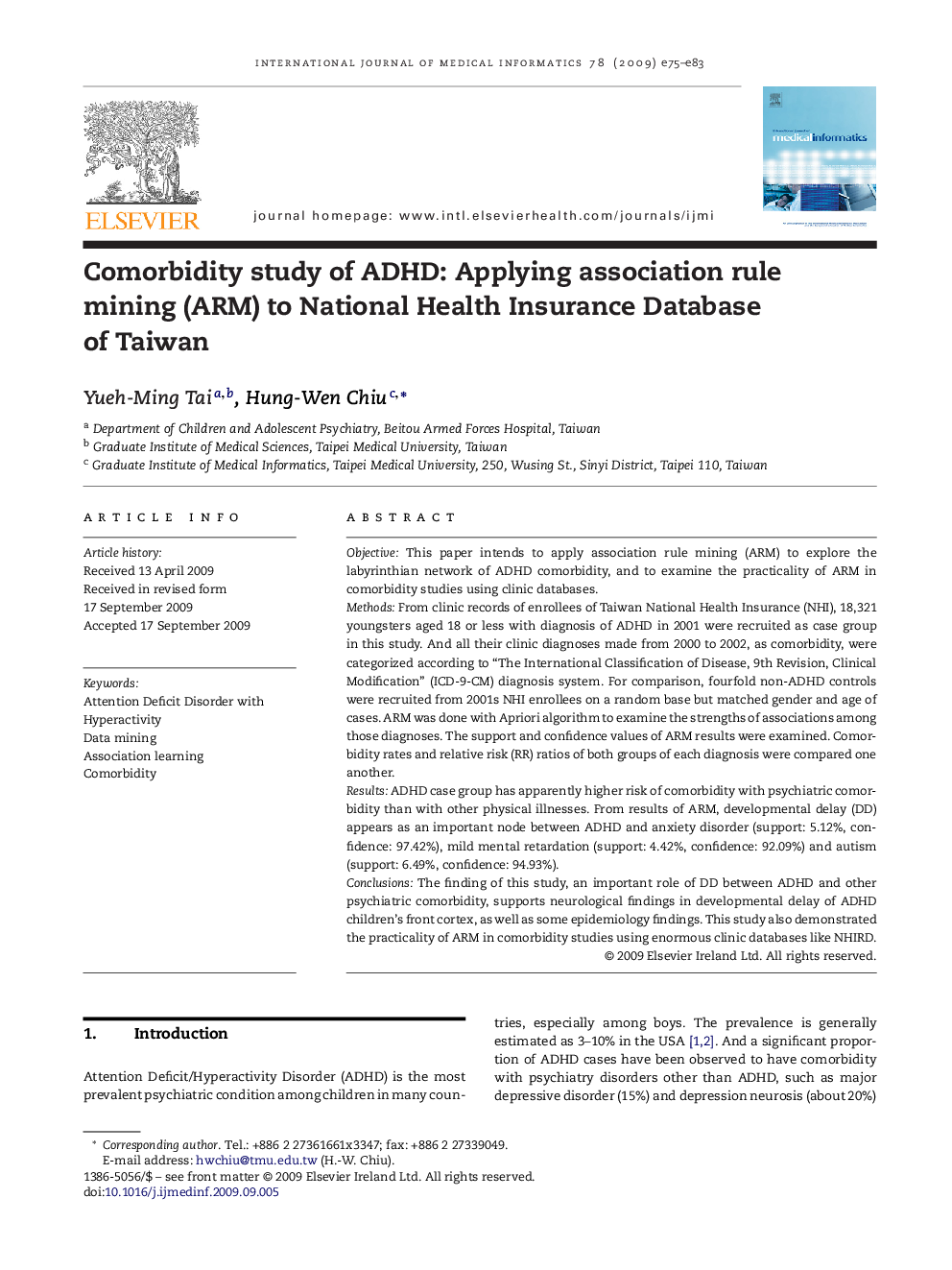 Comorbidity study of ADHD: Applying association rule mining (ARM) to National Health Insurance Database of Taiwan