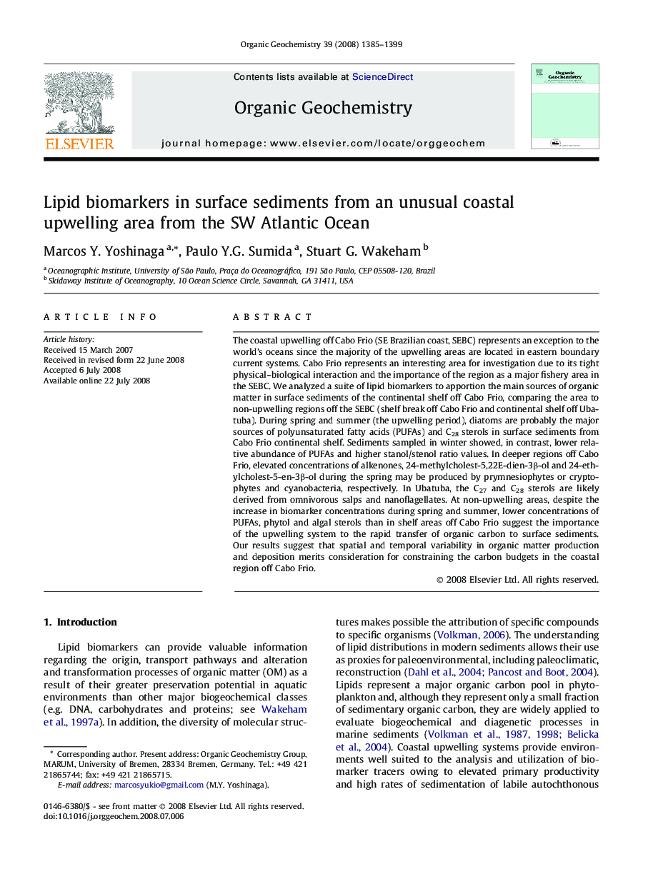 Lipid biomarkers in surface sediments from an unusual coastal upwelling area from the SW Atlantic Ocean
