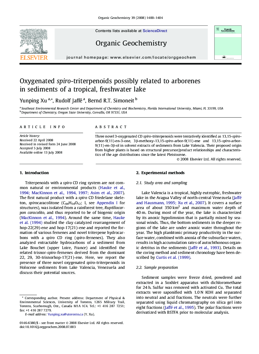 Oxygenated spiro-triterpenoids possibly related to arborenes in sediments of a tropical, freshwater lake