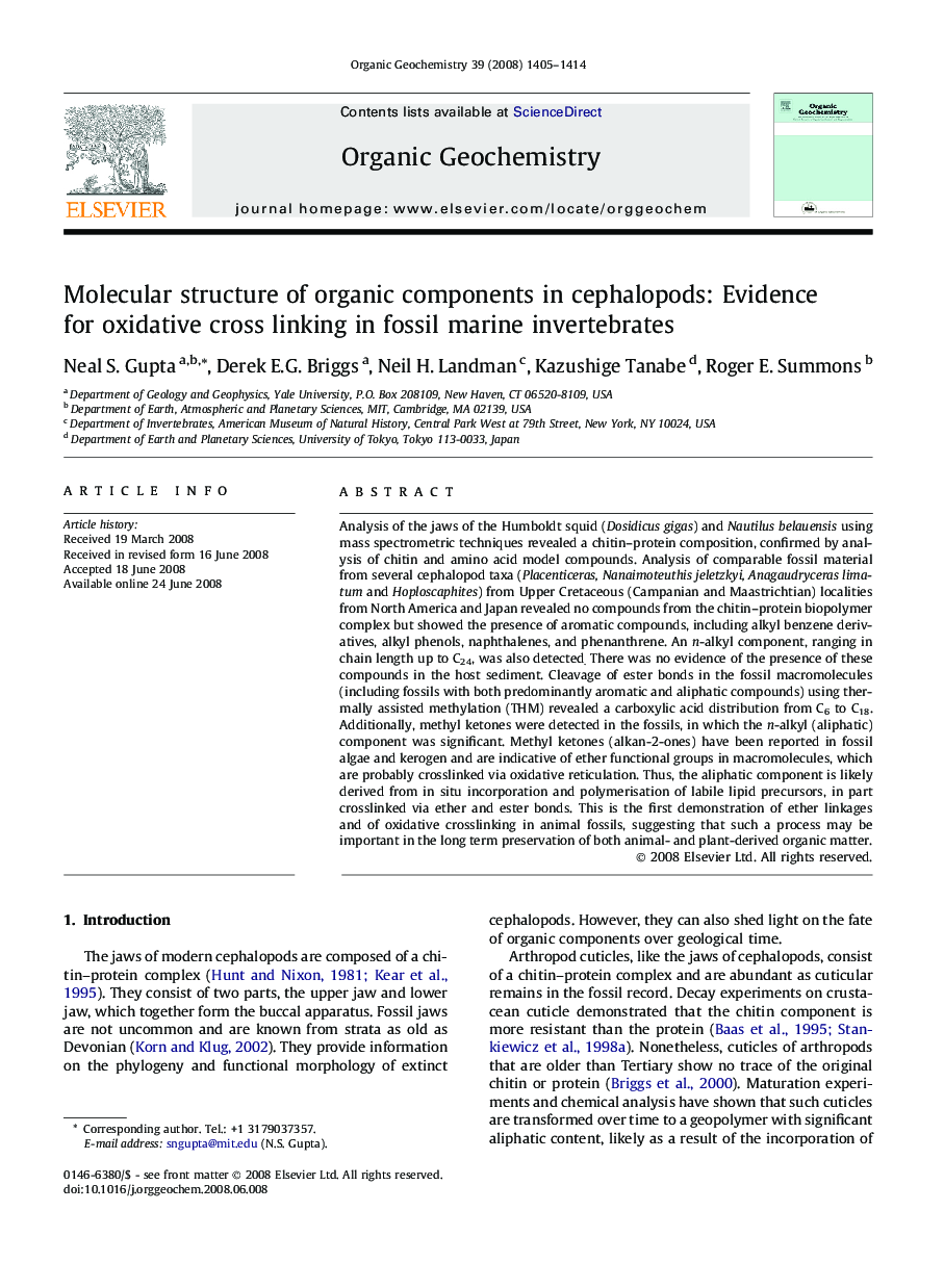 Molecular structure of organic components in cephalopods: Evidence for oxidative cross linking in fossil marine invertebrates