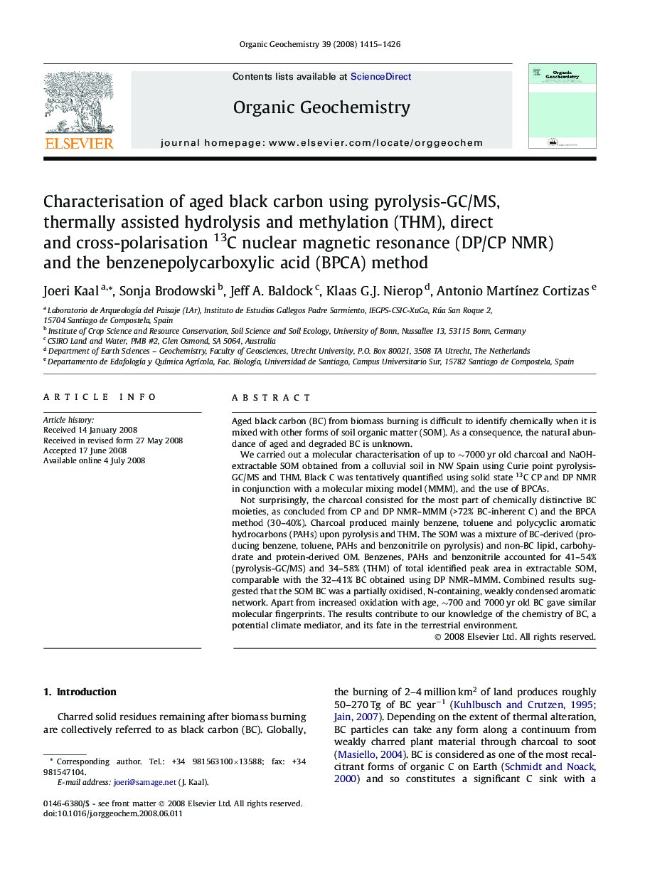 Characterisation of aged black carbon using pyrolysis-GC/MS, thermally assisted hydrolysis and methylation (THM), direct and cross-polarisation 13C nuclear magnetic resonance (DP/CP NMR) and the benzenepolycarboxylic acid (BPCA) method