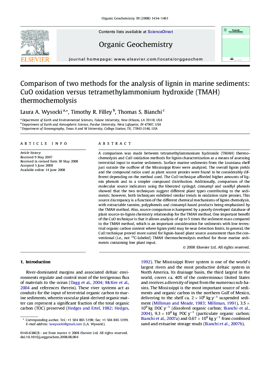 Comparison of two methods for the analysis of lignin in marine sediments: CuO oxidation versus tetramethylammonium hydroxide (TMAH) thermochemolysis