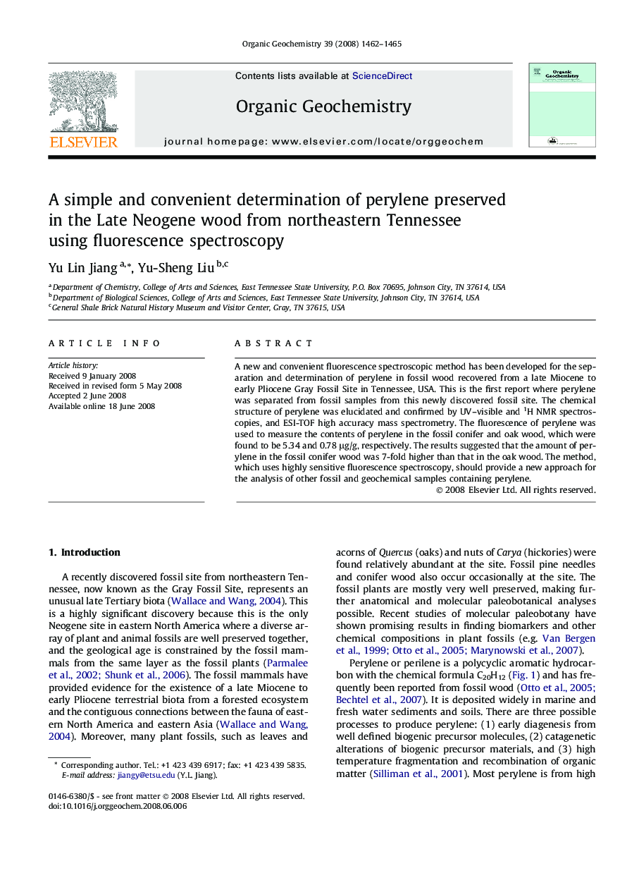 A simple and convenient determination of perylene preserved in the Late Neogene wood from northeastern Tennessee using fluorescence spectroscopy