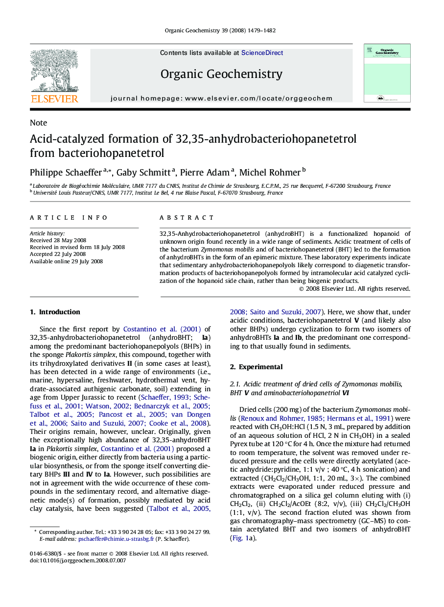Acid-catalyzed formation of 32,35-anhydrobacteriohopanetetrol from bacteriohopanetetrol