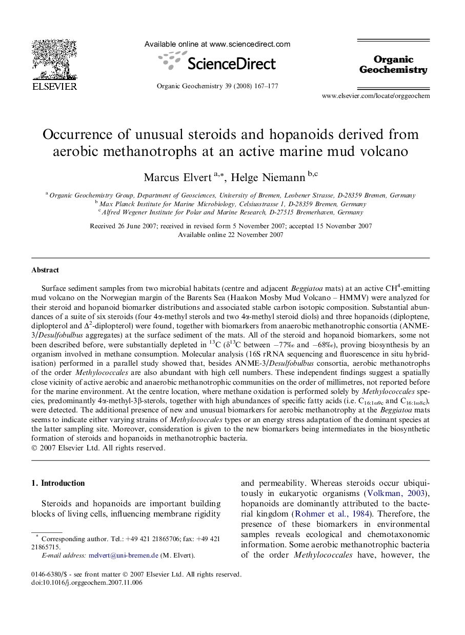 Occurrence of unusual steroids and hopanoids derived from aerobic methanotrophs at an active marine mud volcano