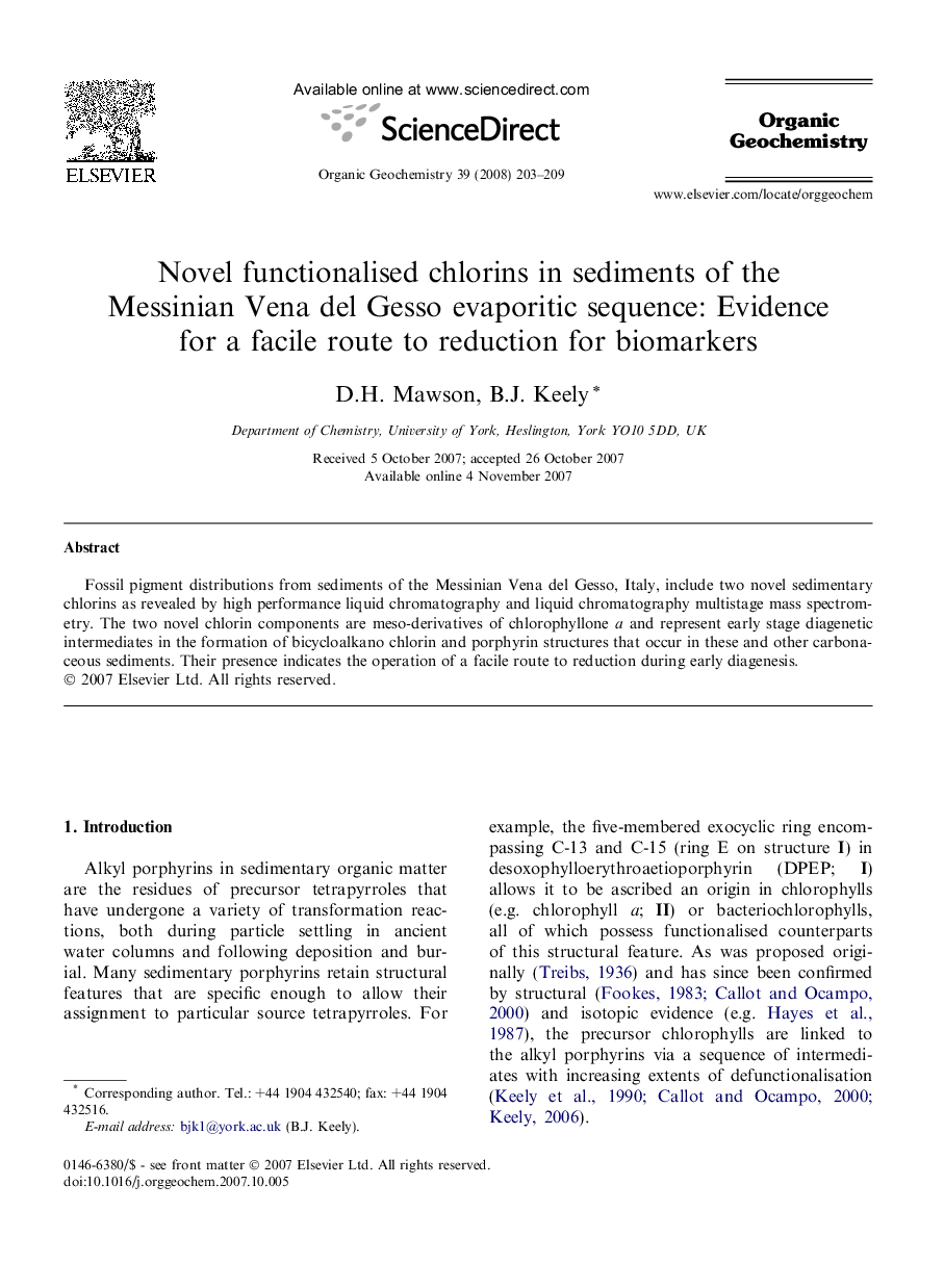 Novel functionalised chlorins in sediments of the Messinian Vena del Gesso evaporitic sequence: Evidence for a facile route to reduction for biomarkers