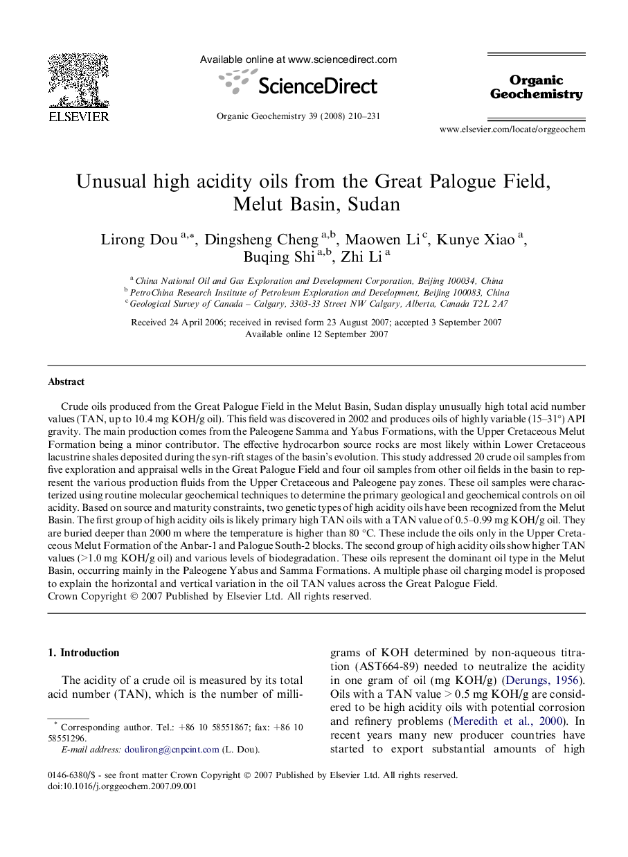Unusual high acidity oils from the Great Palogue Field, Melut Basin, Sudan