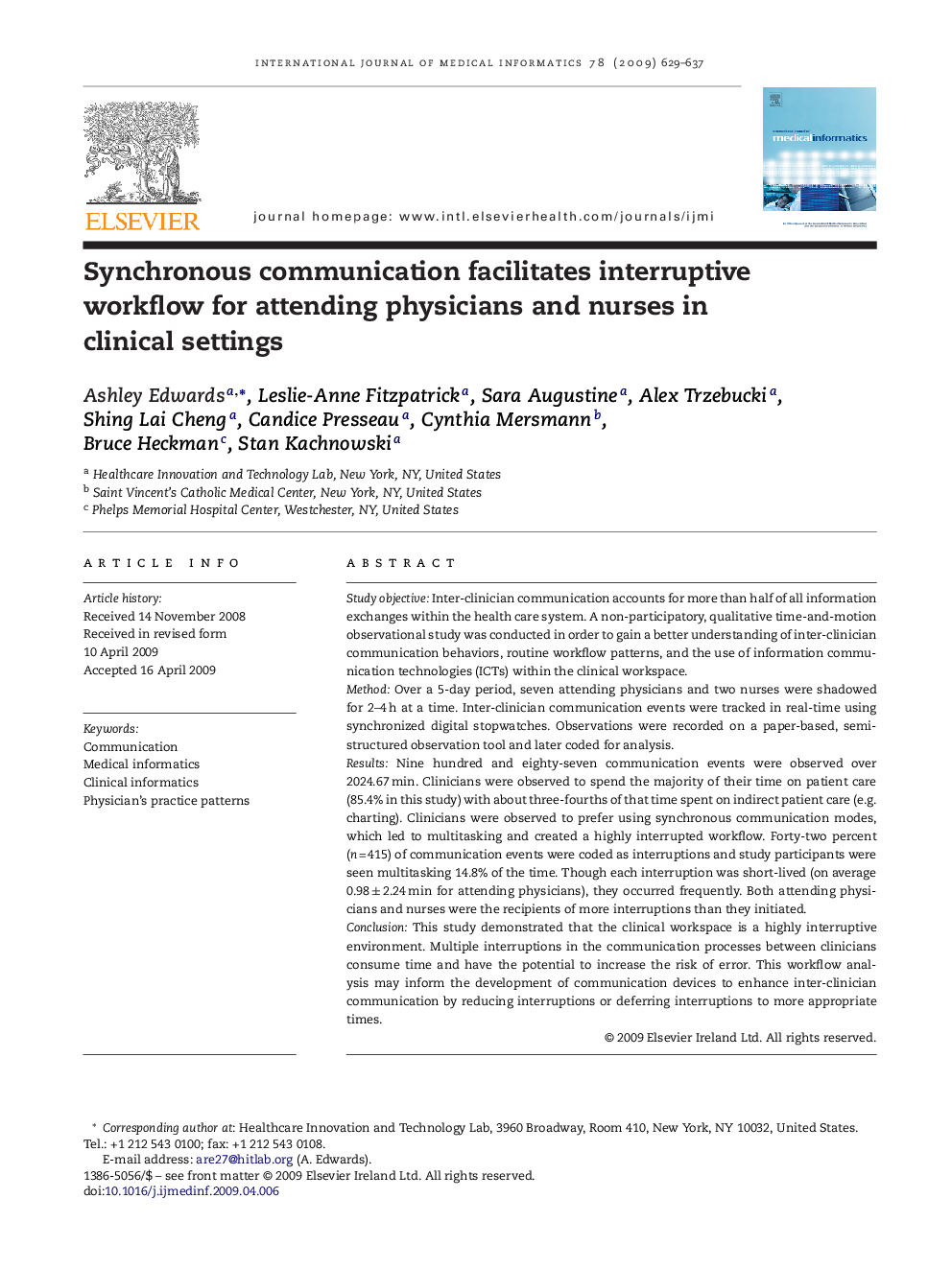 Synchronous communication facilitates interruptive workflow for attending physicians and nurses in clinical settings