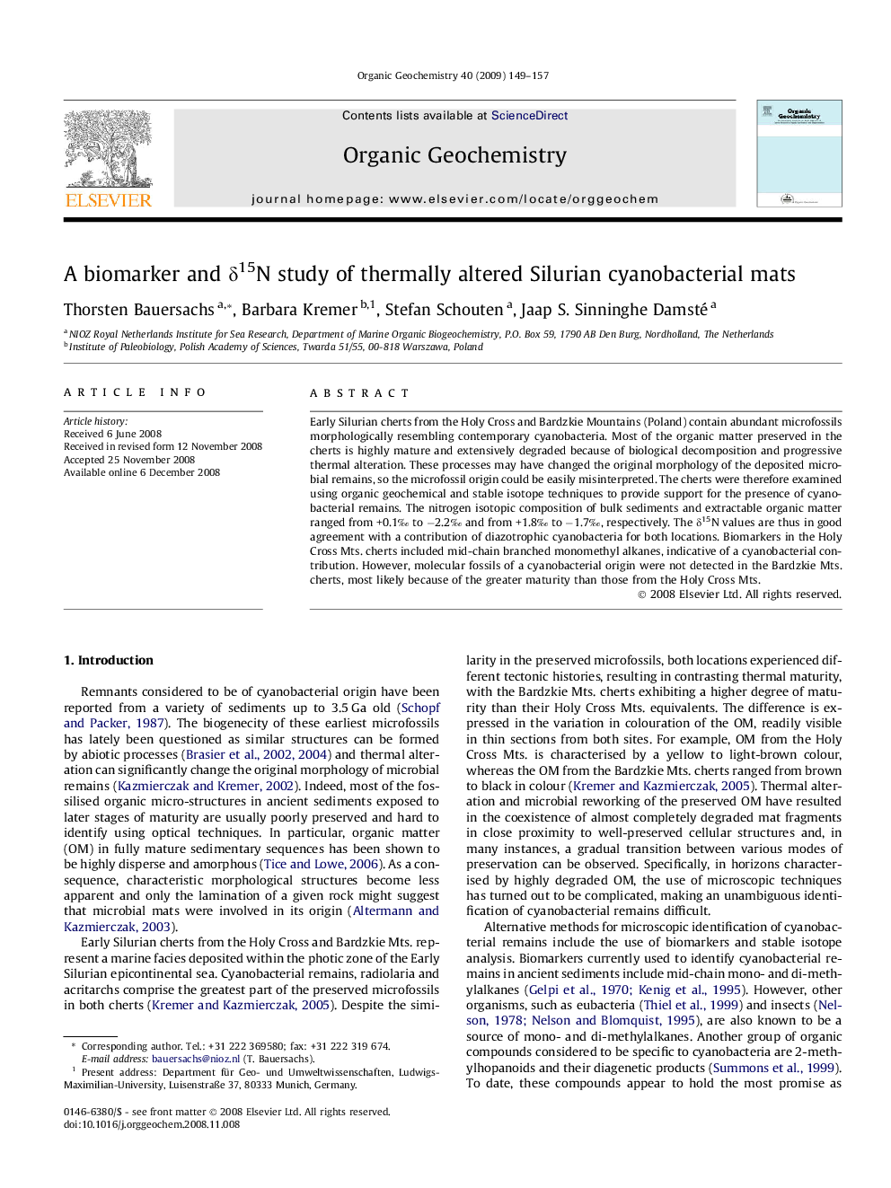 A biomarker and Î´15N study of thermally altered Silurian cyanobacterial mats