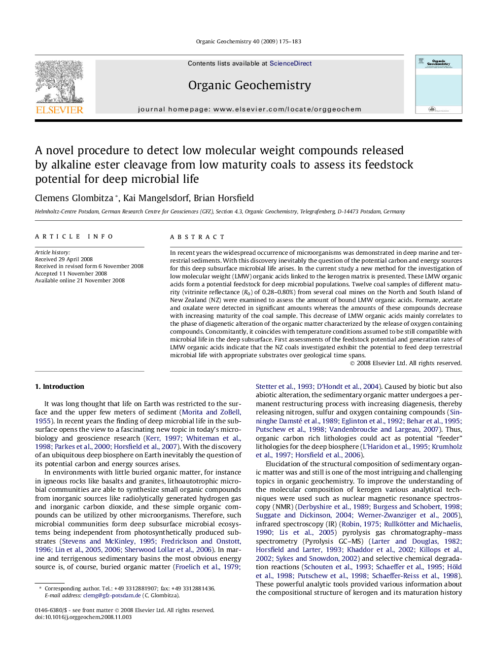 A novel procedure to detect low molecular weight compounds released by alkaline ester cleavage from low maturity coals to assess its feedstock potential for deep microbial life