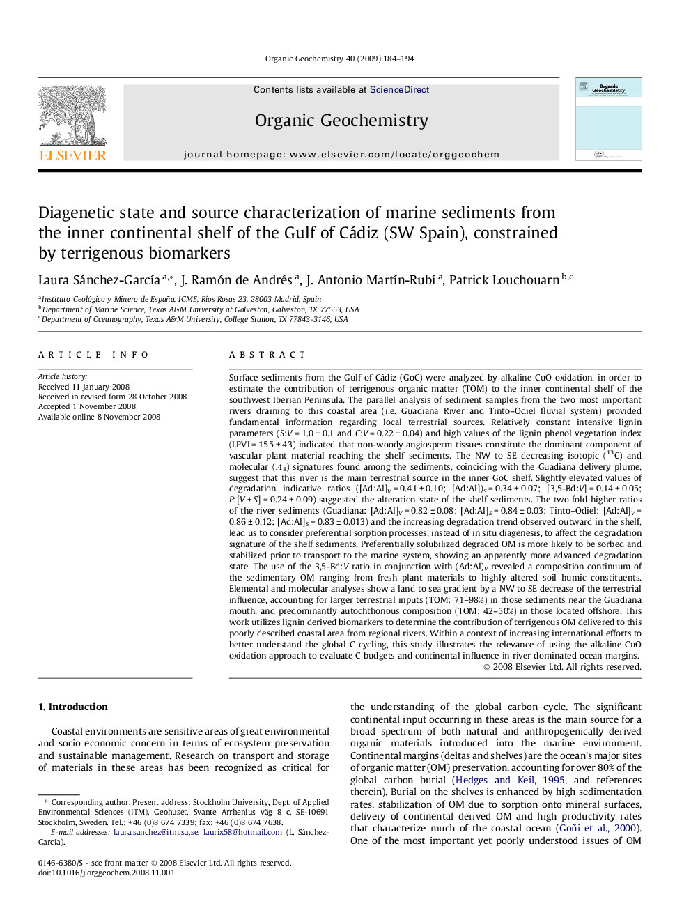 Diagenetic state and source characterization of marine sediments from the inner continental shelf of the Gulf of Cádiz (SW Spain), constrained by terrigenous biomarkers