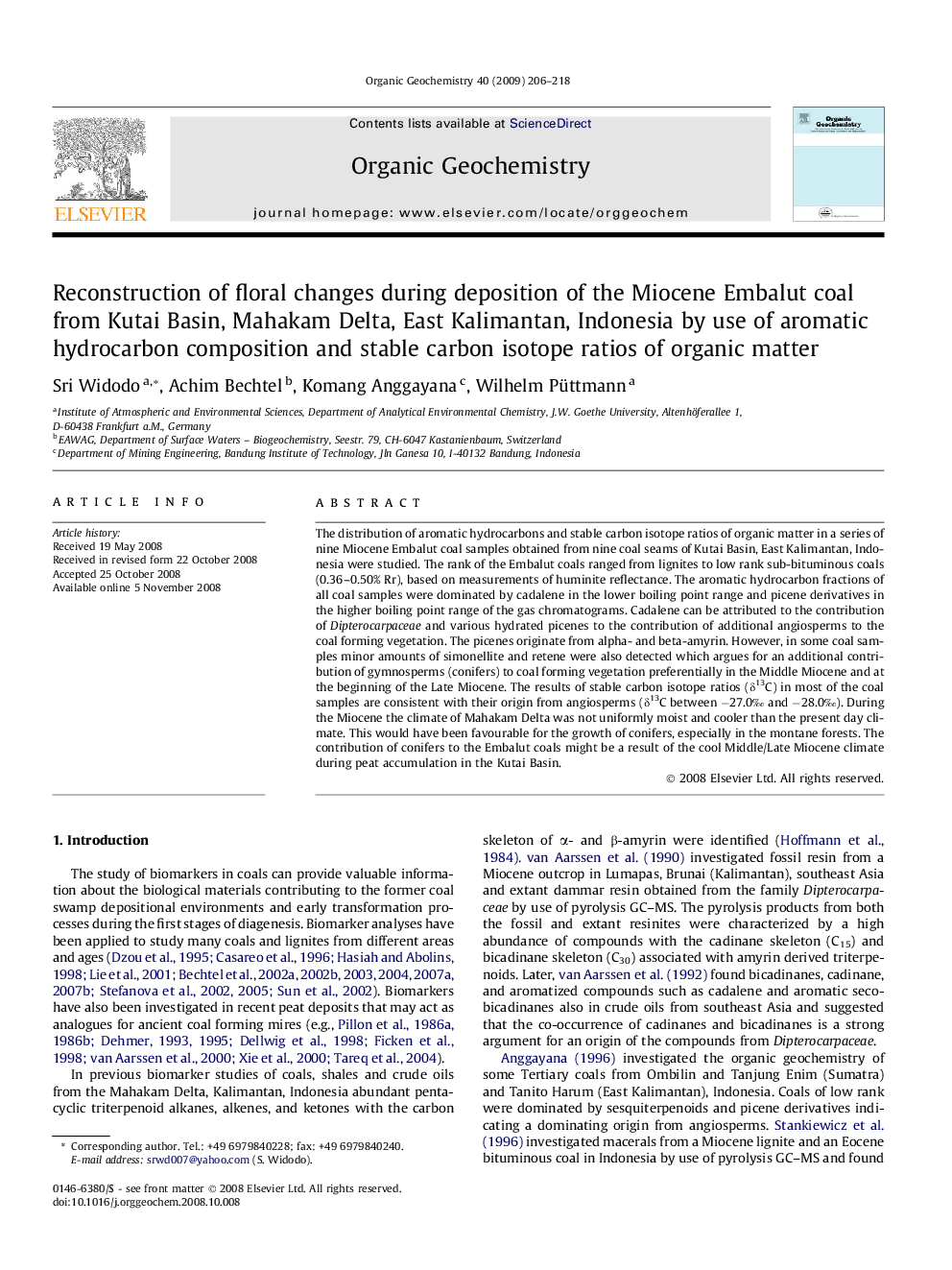 Reconstruction of floral changes during deposition of the Miocene Embalut coal from Kutai Basin, Mahakam Delta, East Kalimantan, Indonesia by use of aromatic hydrocarbon composition and stable carbon isotope ratios of organic matter